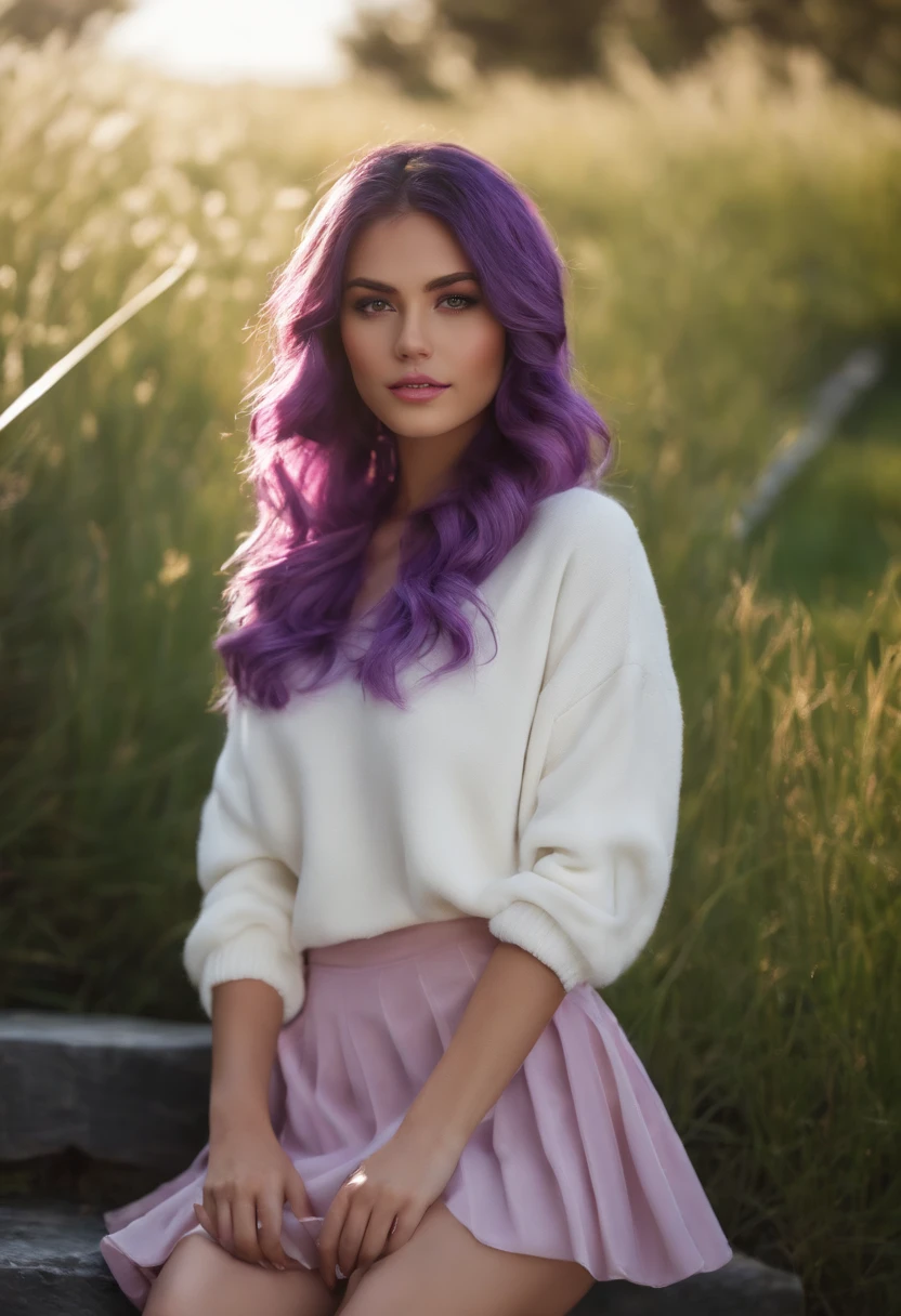 20 years old woman, Cara hermosa, En pie, Sweater and short skirt, medianos senos, purple hair, Cabello largo, purple eyes, piel blanca cara rosada, labios abiertos, cuerpo brillante, cuerpo perfecto Muslos altos, Medias largas, (((La mejor calidad))), ((Ultra detallado)), (Luz detallada), Foto RAW, feliz, 8k UHD, Profundidad de campo de la sombra, HDR , 8k, (Fondo de pantalla de 8k), Background inside a room, (((Anime Version)))