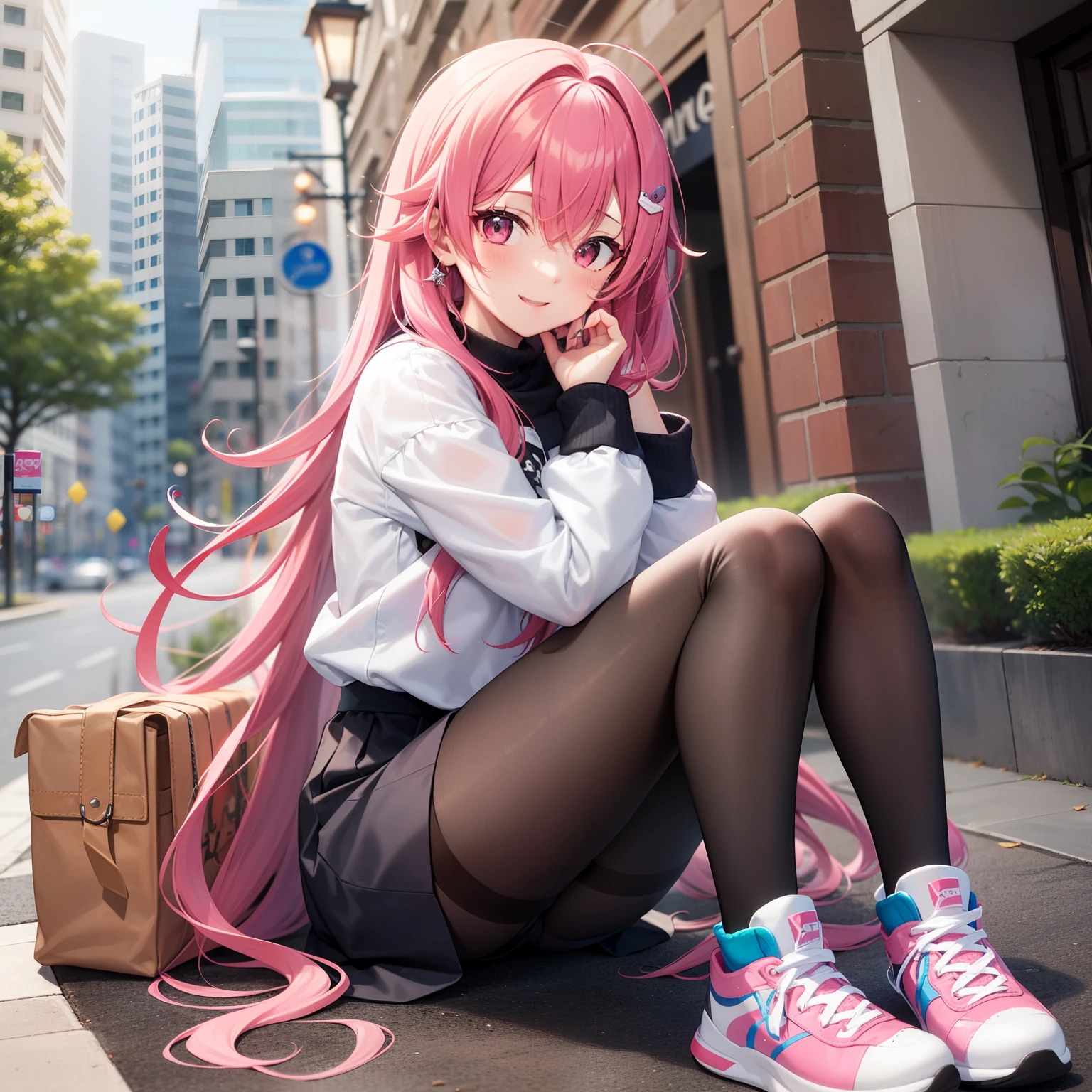 Anime style、1 girl in、cuerpo completo Esbian、Mostrar las sonrisas、{peinado en:(cabello rosado)、(Longhaire),(Pelo de antena),(de doble cola)}、ojos rosados、sudadera con capucha rosa、Pendientes de cuatro hojas、Minifalda rosa、black pantyhose, Calcetines altos blancos、para estar de piepink sneakers、Frontal composition