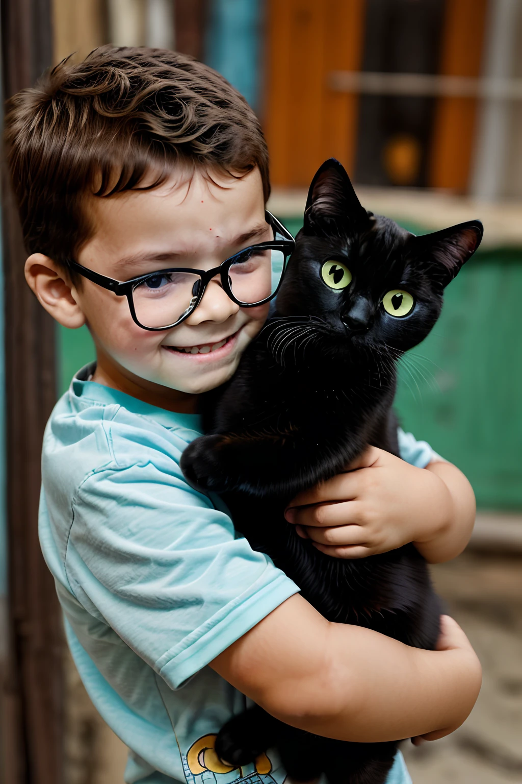 Create a hyper-realistic and highly detailed prompt of a cheerful 3-year-old boy wearing glasses, Holding a beautiful black cat in her arms.