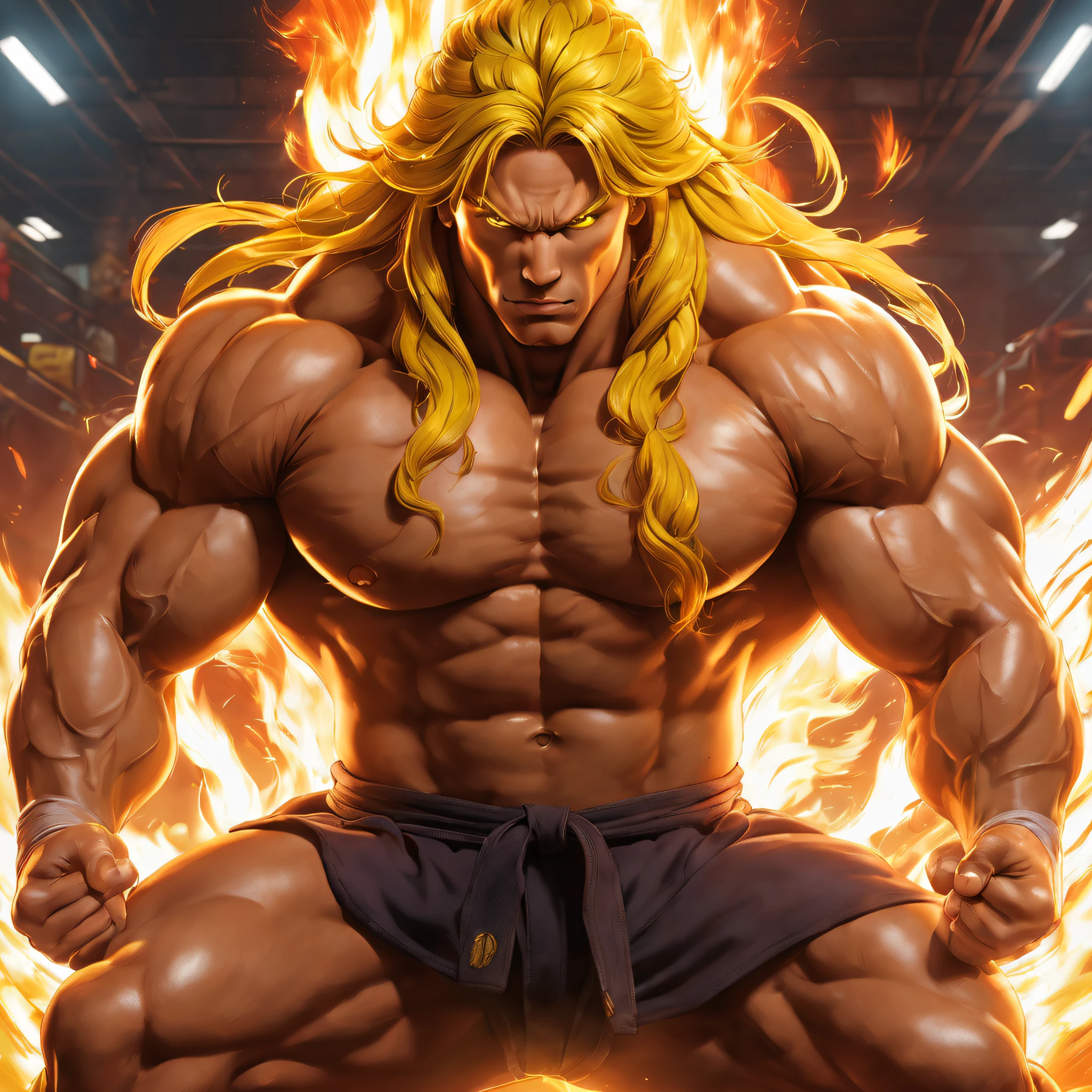 masterpiece,best quality,highres,Ken from street figher,bara,lifting fire ,naked,sitting ,erected big vein, fire around hands ,full of masculinity,manly,mature,handsome,huge,muscular,strong,in gym, street fighter, ken with long yellow hair \(sf\), nsfw