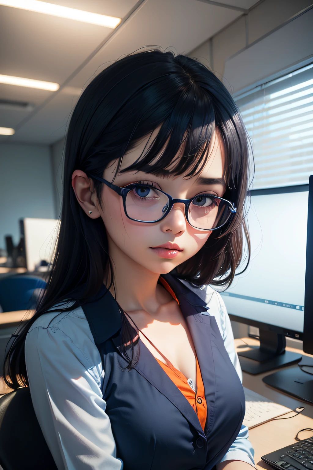 Victim in an office, shades of dark blue and orange