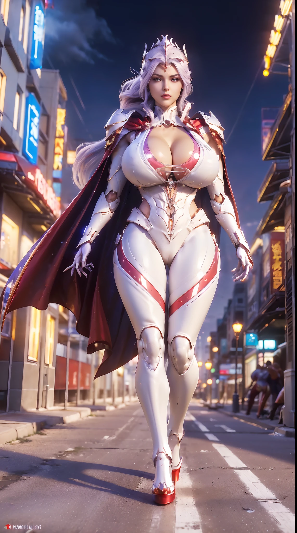 1GIRL, SOLO, (ssmile, makeup, beautifull eyes, red libs, white ponytail hair, gold ornament hair), (GIGANTIC FAKE BOOBS:1.3), (GUARD ARM), (white, purple, red, FUTURISTIC MECHA ARMOR SUIT, ROYAL CAPE, CLEAVAGE, SKINTIGHT YOGA PANTS, HIGH HEELS:1.5), (MUSCULAR BODY, SEXY LONG LEGS, FULL BODY:1.3), (LOOKING AT VIEWER:1), (WALKING DOWN ON STREET NIGHT CITY:1.3), PHYSICALLY-BASED RENDERING, ULTRA HIGHT DEFINITION, 8K, 1080P.
