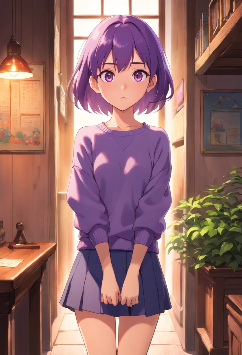 20 years old woman, Cara hermosa, En pie, Sweater and short skirt, medianos senos, purple hair, Cabello largo, purple eyes, piel blanca cara rosada, labios abiertos, cuerpo brillante, cuerpo perfecto Muslos altos, Medias largas, (((La mejor calidad))), ((Ultra detallado)), (Luz detallada), Foto RAW, feliz, 8k UHD, Profundidad de campo de la sombra, HDR , 8k, (Fondo de pantalla de 8k), Background inside a room, (((Anime Version)))