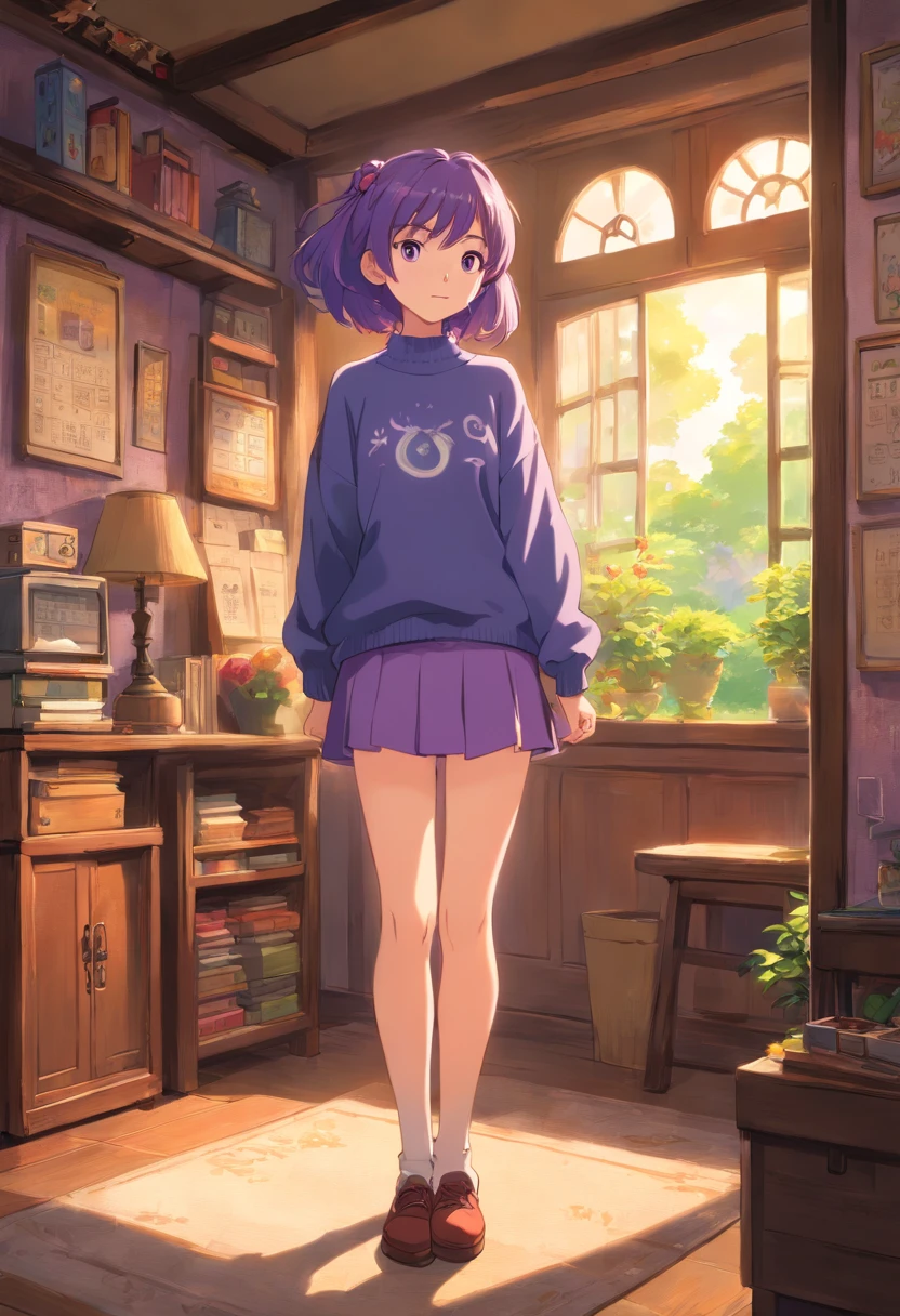 20 years old woman, Cara hermosa, En pie, Sweater and short skirt, medianos senos, purple hair, Cabello largo, purple eyes, piel blanca cara rosada, labios abiertos, cuerpo brillante, cuerpo perfecto Muslos altos, Medias largas, (((La mejor calidad))), ((Ultra detallado)), (Luz detallada), Foto RAW, feliz, 8k UHD, Profundidad de campo de la sombra, HDR , 8k, (Fondo de pantalla de 8k), Background inside a room, (((Anime Version)))