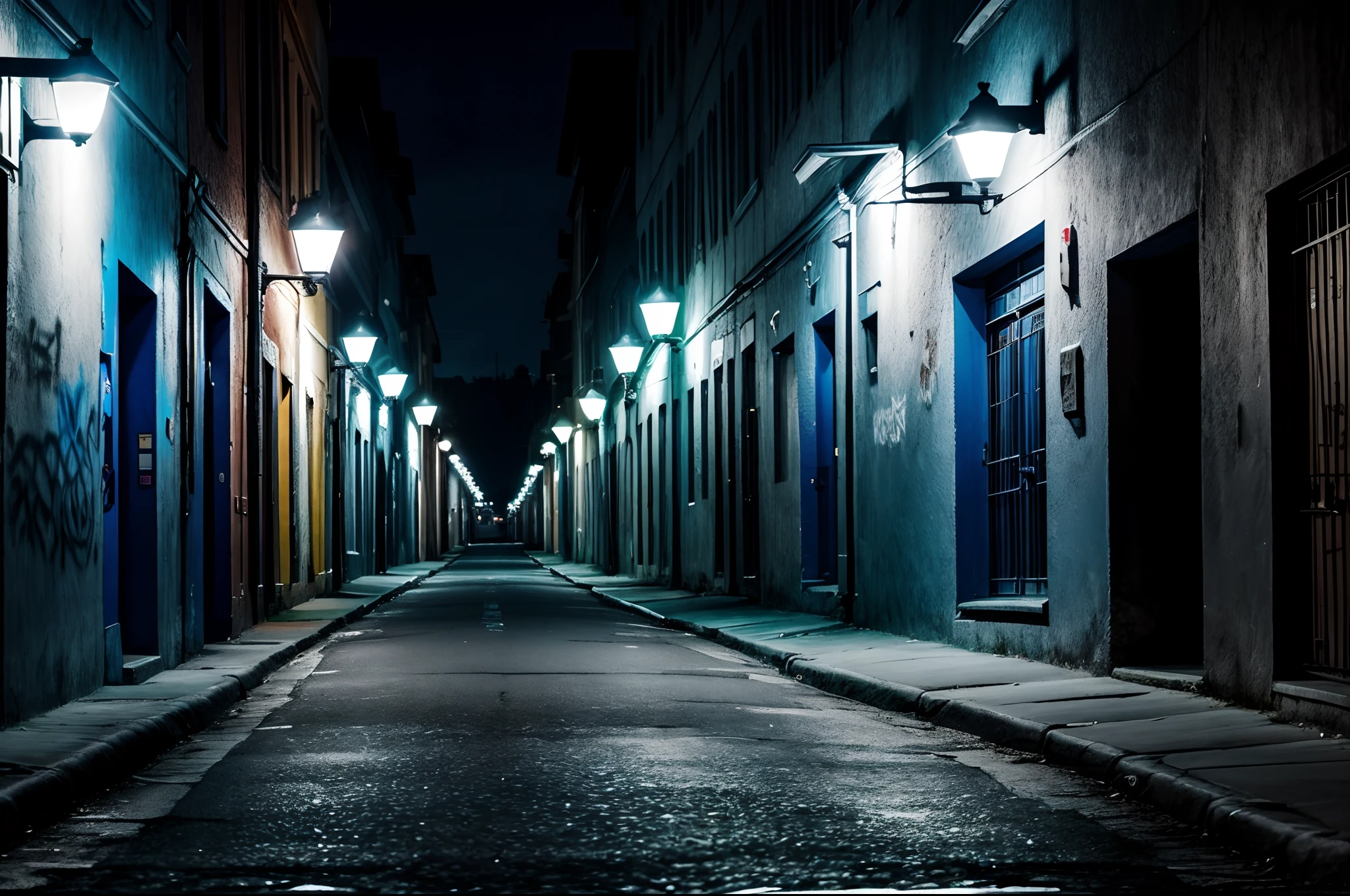 Dark street illuminated by the street lights, ((wide shot)), murky, blue tint, graffiti