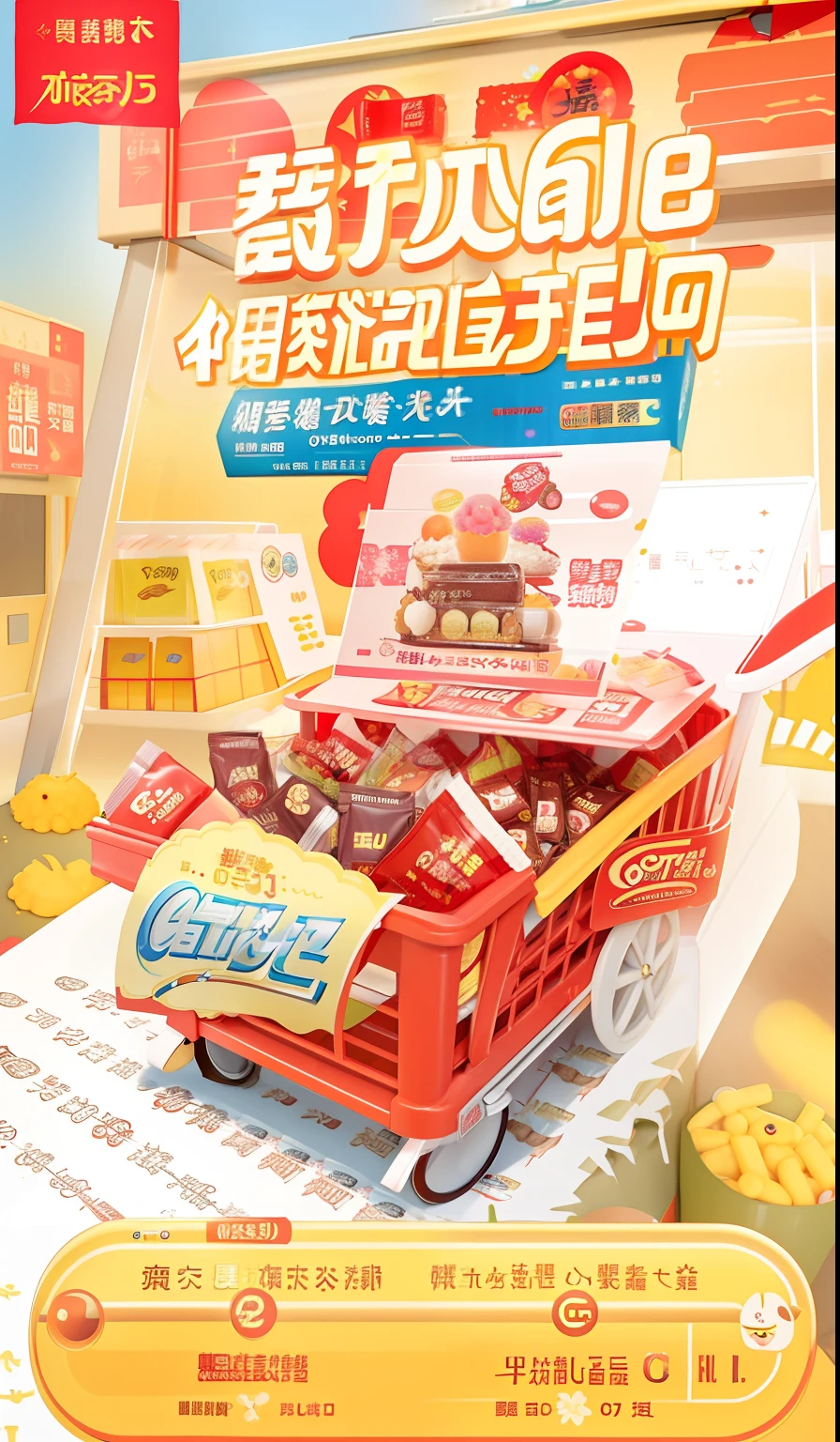 There is a poster,A shopping cart full of sweets, trending on cgstation, overlaid with chinese adverts, food advertisement, 8 k'', Loli, chocolate candy bar packaging, negao, by Ni Yuanlu, trending at cgstation, caramel, 💣 💥, Mars candy bars, film promotional image, advertisement picture, Cart