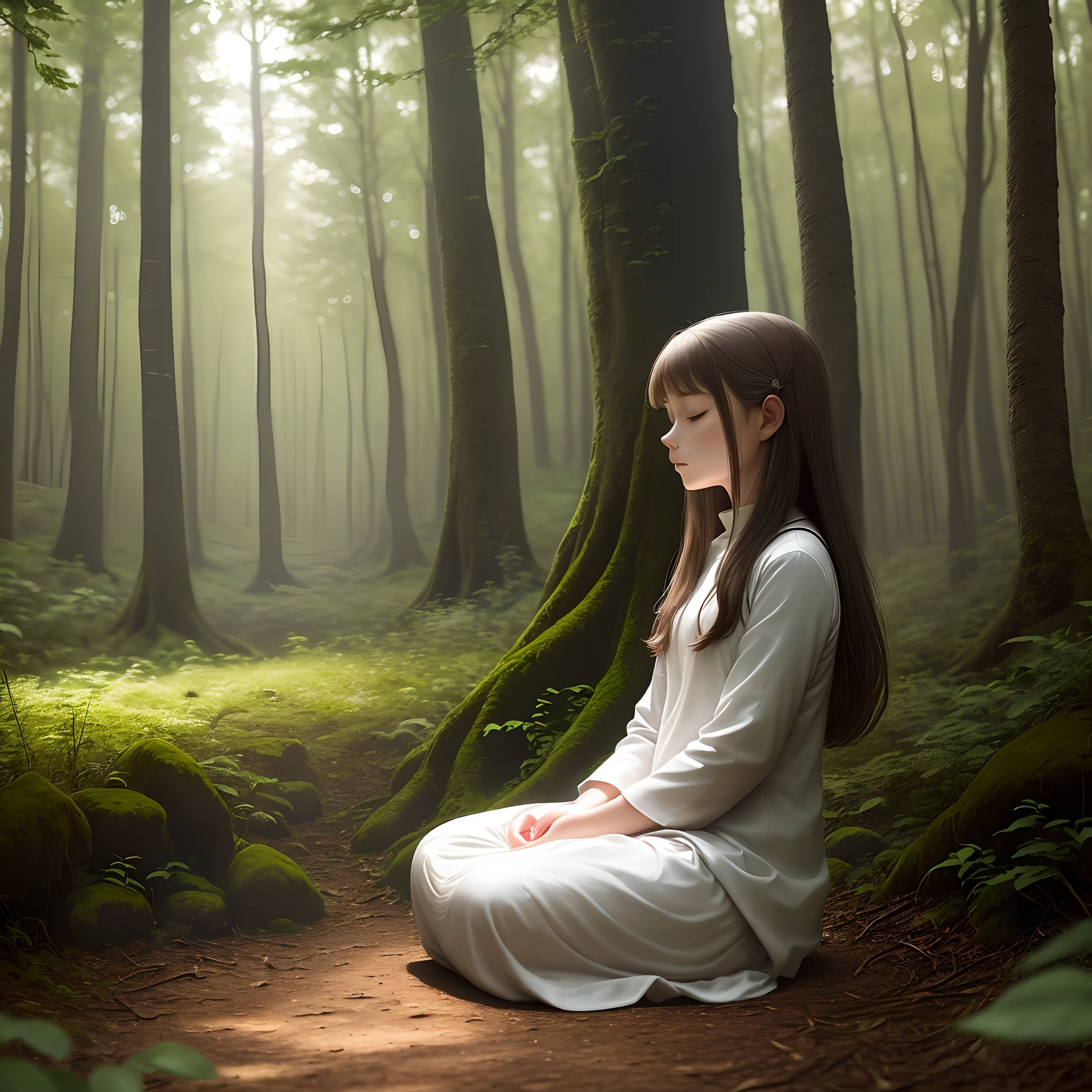 A girl meditating in woods