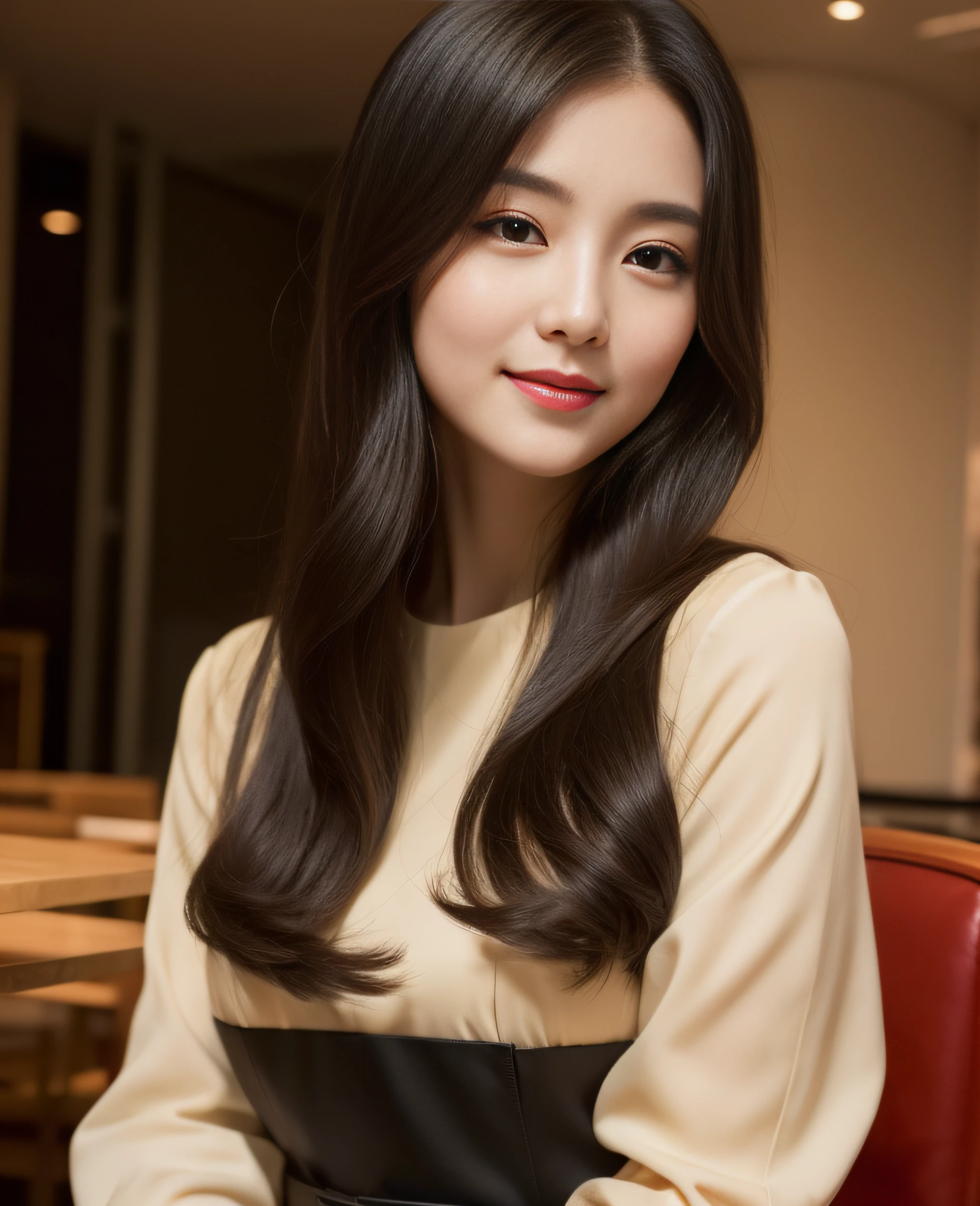 ((Top quality, 8K, Masterpiece: 1.3)), Beautiful girl, Pure, Melon face, Kind and cute, Sweet smile, Pure desire, Slender body, (Front), (Tilted head), ((Looking at camera) ), wearing a amber colored suit, black silky long hair, long flowing shoulders, round black big eyes, clear big eyes, moist red lips, sweet, sitting on a chair, cafe background ,(((waist shot))),,