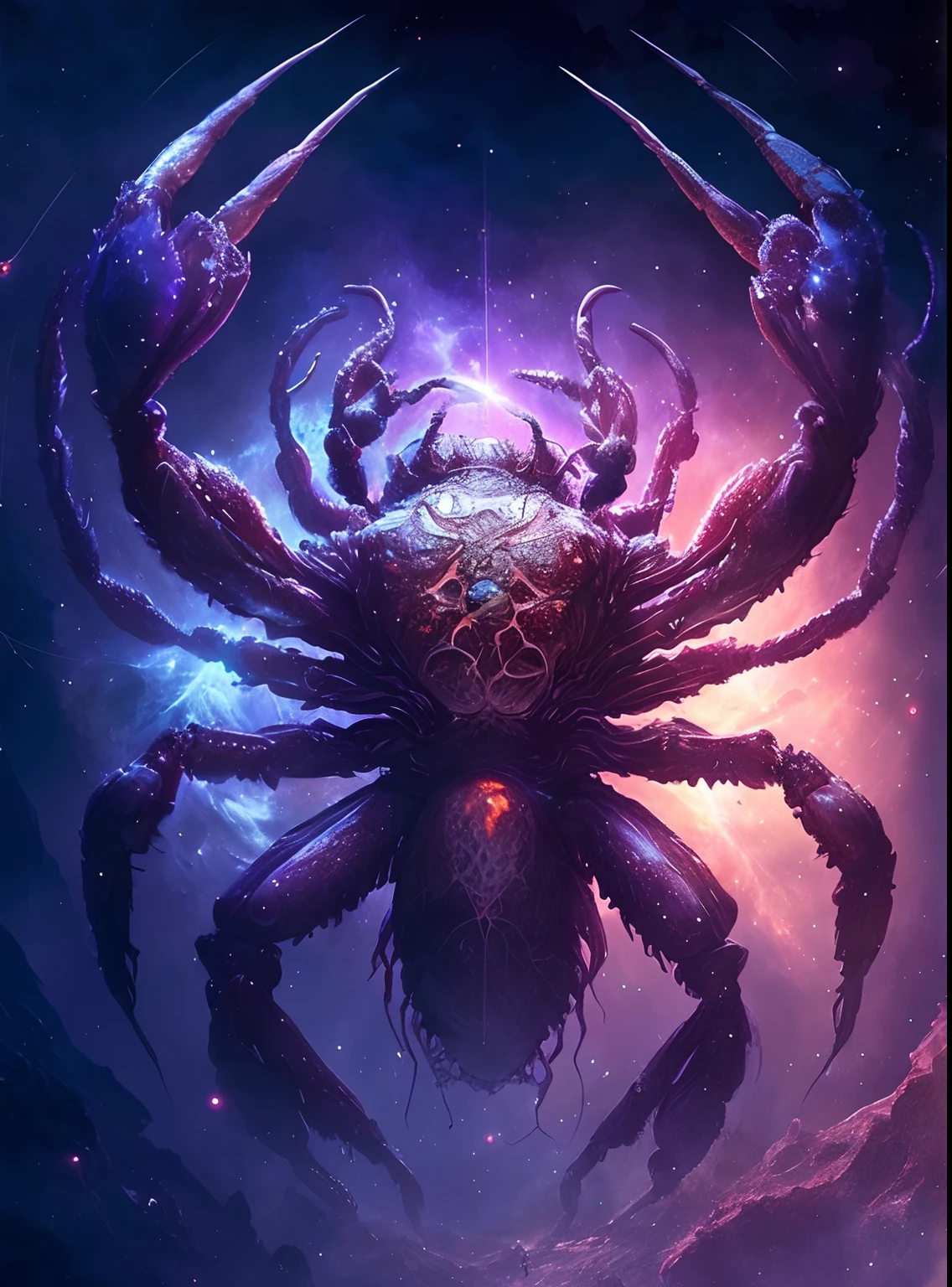 There is a large spider in the middle of the space, amazing space creature 4 k, epic fantasy sci fi illustration, cosmic horror concept art, crabs,Cancer,Cancer in space