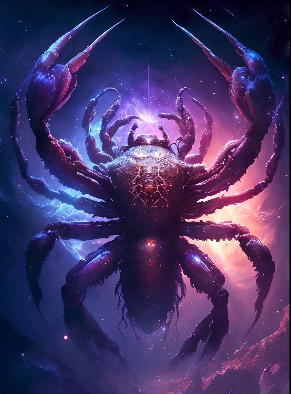 There is a large spider in the middle of the space, amazing space creature 4 k, epic fantasy sci fi illustration, cosmic horror concept art, crabs,Cancer,Cancer in space