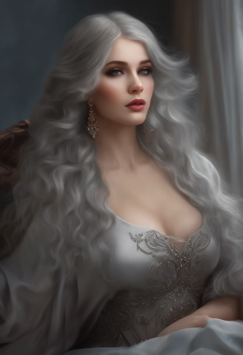(Realistic painting style:0.9), masterpiece, best quality, absurdres, looking at viewer, solo, (grey babydol:1.5), bronya zaychik, red pupils, large breasts, long hair, grey hair, bangs, grey eyes, earrings, drill hair, hair between eyes, hair ornament, (babydoll:1.3), see-through, bed, expressionless