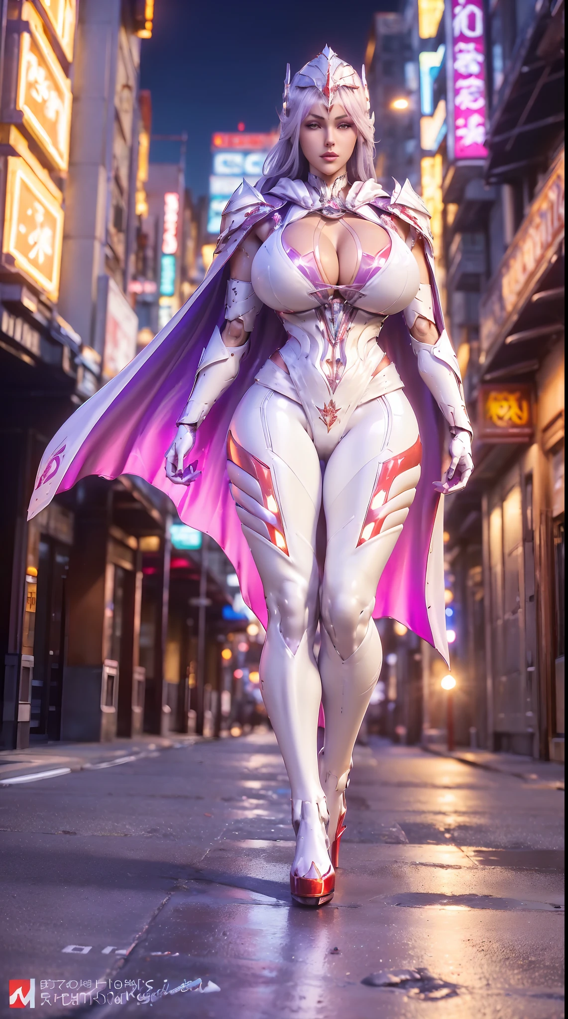 1GIRL, SOLO, (ssmile, makeup, beautifull eyes, red libs, white ponytail hair, gold ornament hair), (GIGANTIC FAKE BOOBS:1.3), (GUARD ARM), (white, purple, red, FUTURISTIC MECHA ARMOR SUIT, ROYAL CAPE, CLEAVAGE, SKINTIGHT YOGA PANTS, HIGH HEELS:1.5), (MUSCULAR BODY, SEXY LONG LEGS, FULL BODY:1.3), (LOOKING AT VIEWER:1), (WALKING DOWN ON STREET NIGHT CITY:1.3), PHYSICALLY-BASED RENDERING, ULTRA HIGHT DEFINITION, 8K, 1080P.