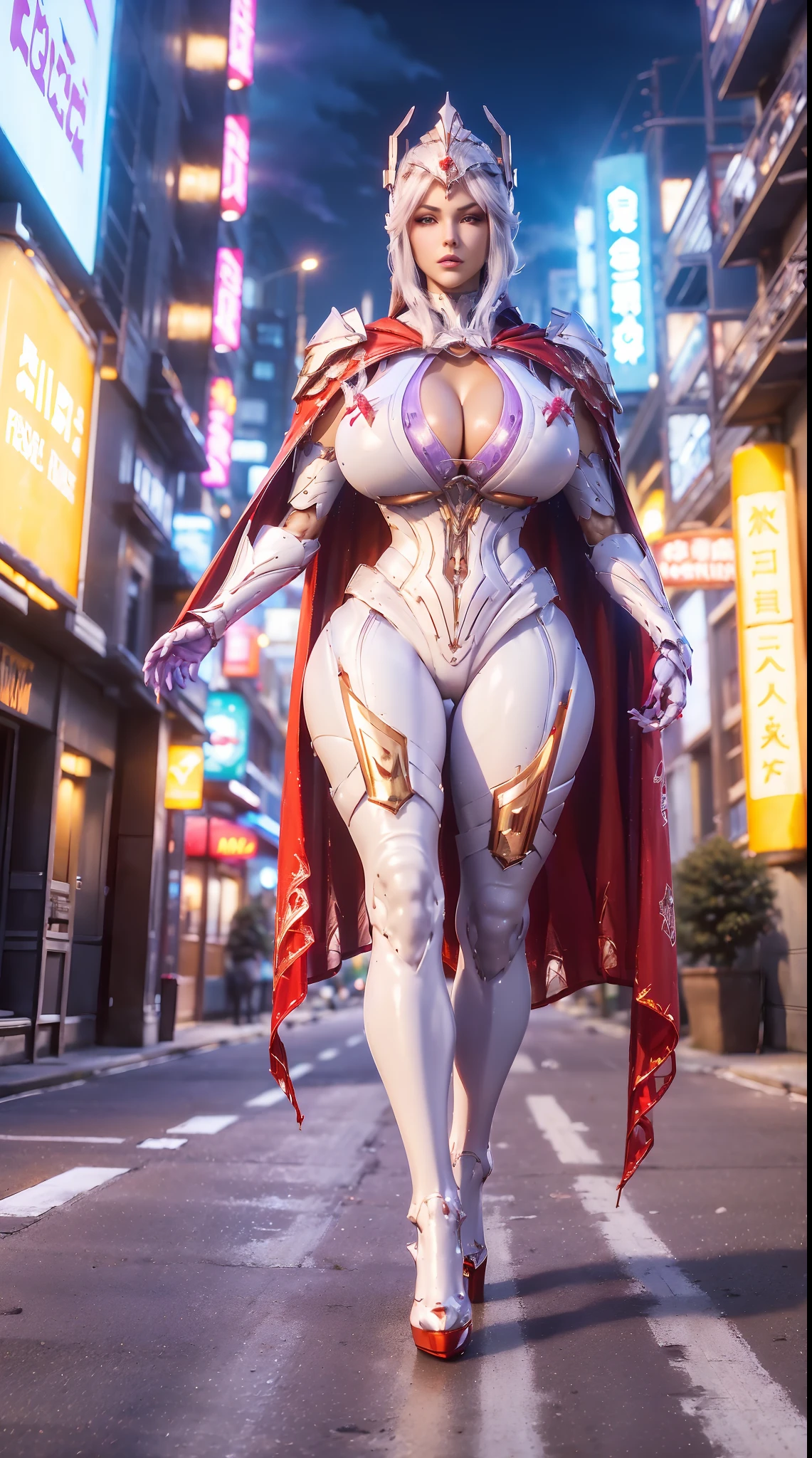 1GIRL, SOLO, (ssmile, makeup, beautifull eyes, red libs, white ponytail hair, gold ornament hair), (GIGANTIC FAKE BOOBS:1.3), (GUARD ARM), (white, purple, red, FUTURISTIC MECHA ARMOR SUIT, ROYAL CAPE, CLEAVAGE, SKINTIGHT YOGA PANTS, HIGH HEELS:1.5), (MUSCULAR BODY, SEXY LONG LEGS, FULL BODY:1.3), (LOOKING AT VIEWER:1), (WALKING DOWN ON STREET NIGHT CITY:1.3), PHYSICALLY-BASED RENDERING, ULTRA HIGHT DEFINITION, 8K, 1080P.