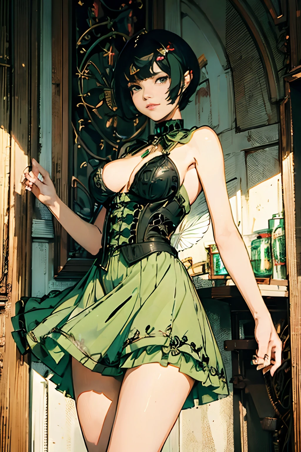 ((Best Quality)) ((Masterpiece)) 27year old, black hair, pixie bob haircut, flirty smirk ((( light green fairy dress ))) (((mini skirt))) ((slender)) (busty) ((sexy dress))