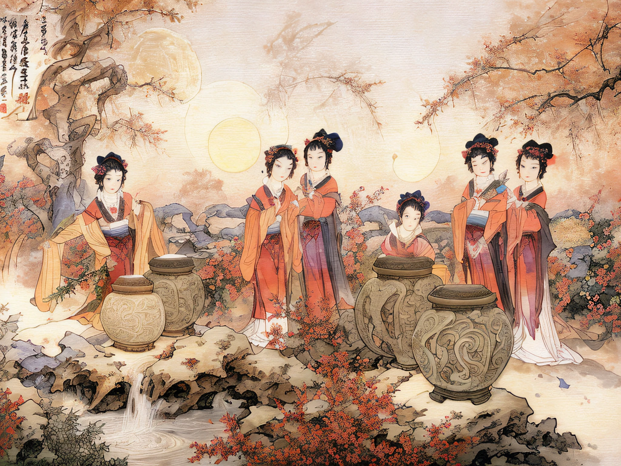 Masterpiece, Best quality,(full bodyesbian:1.3), Solo,chinese paintings,Beautiful face and eyes details of Chinese girl, Perfect skin,make happy expressions,The sisters make wine together,clean color,Low-saturation colors,Colors of low brightness,rich details​,Ancient Chinese Ming dynasty style,Quiet and elegant atmosphere,The red tone is the keynote,Pure,light make-up,Jade jewelry,hair adornments,moon full,Colorful,sharp and clear focus,instagram most viewed, Concept artist, Depth of field,flower,Bush