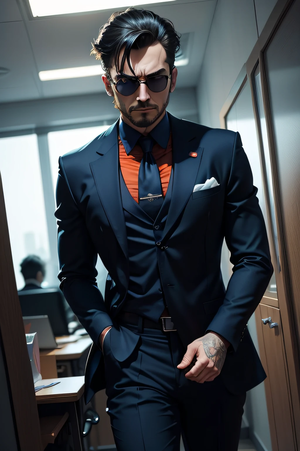 Villain man in an office, shades of dark blue and orange