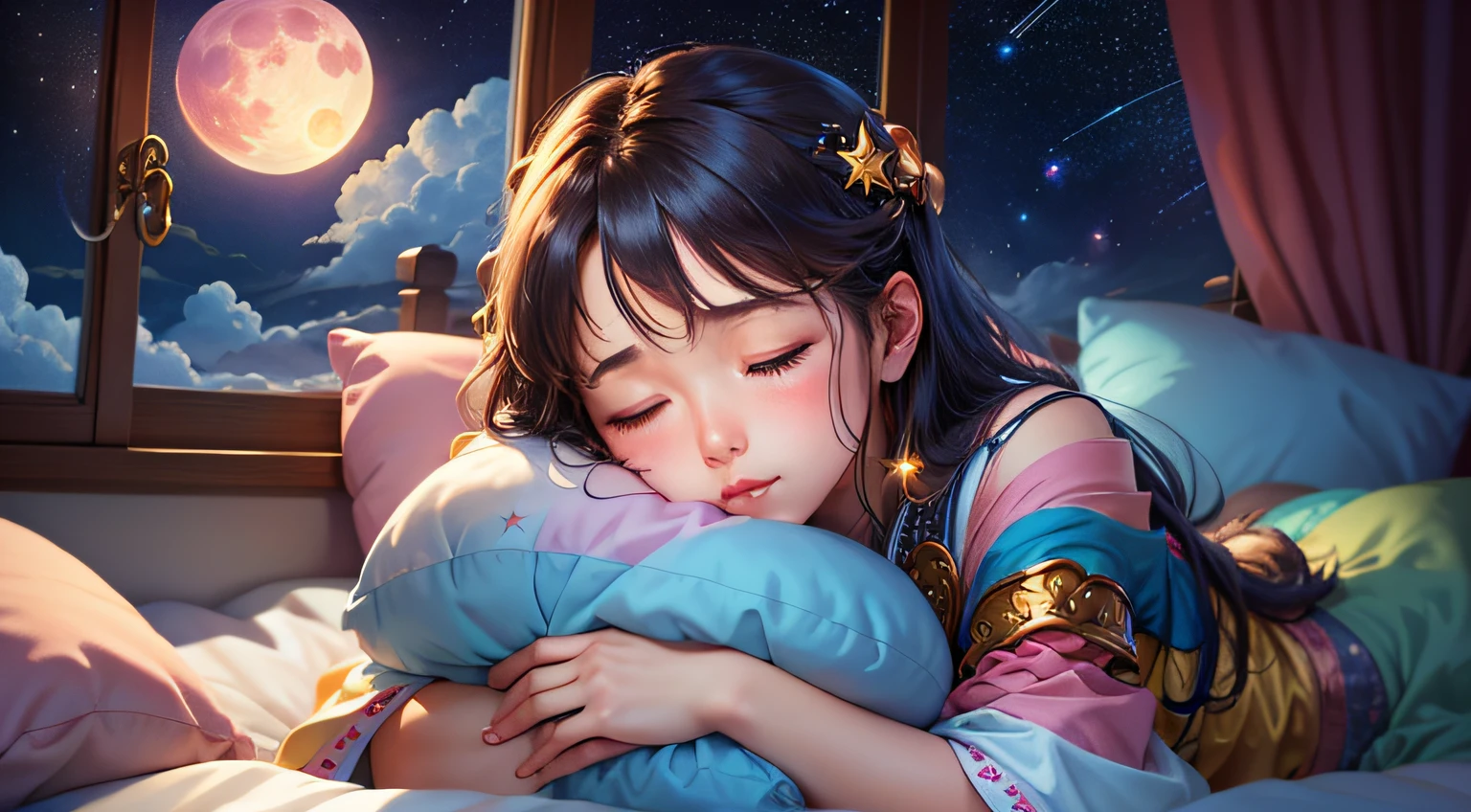 colorful、on clouds、kosmos、Big Moon in window、shining stars, realistic、Girl sleeping on her back on the bed、closed eyes, hugging pillow、超A high resolution