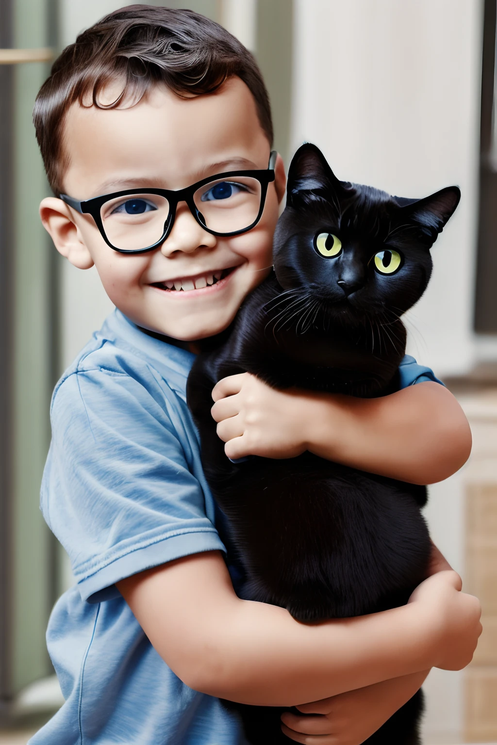 guttojugg1, Create a hyper-realistic and highly detailed prompt of a cheerful 3--old wearing glasses, Holding a beautiful black cat in her arms.