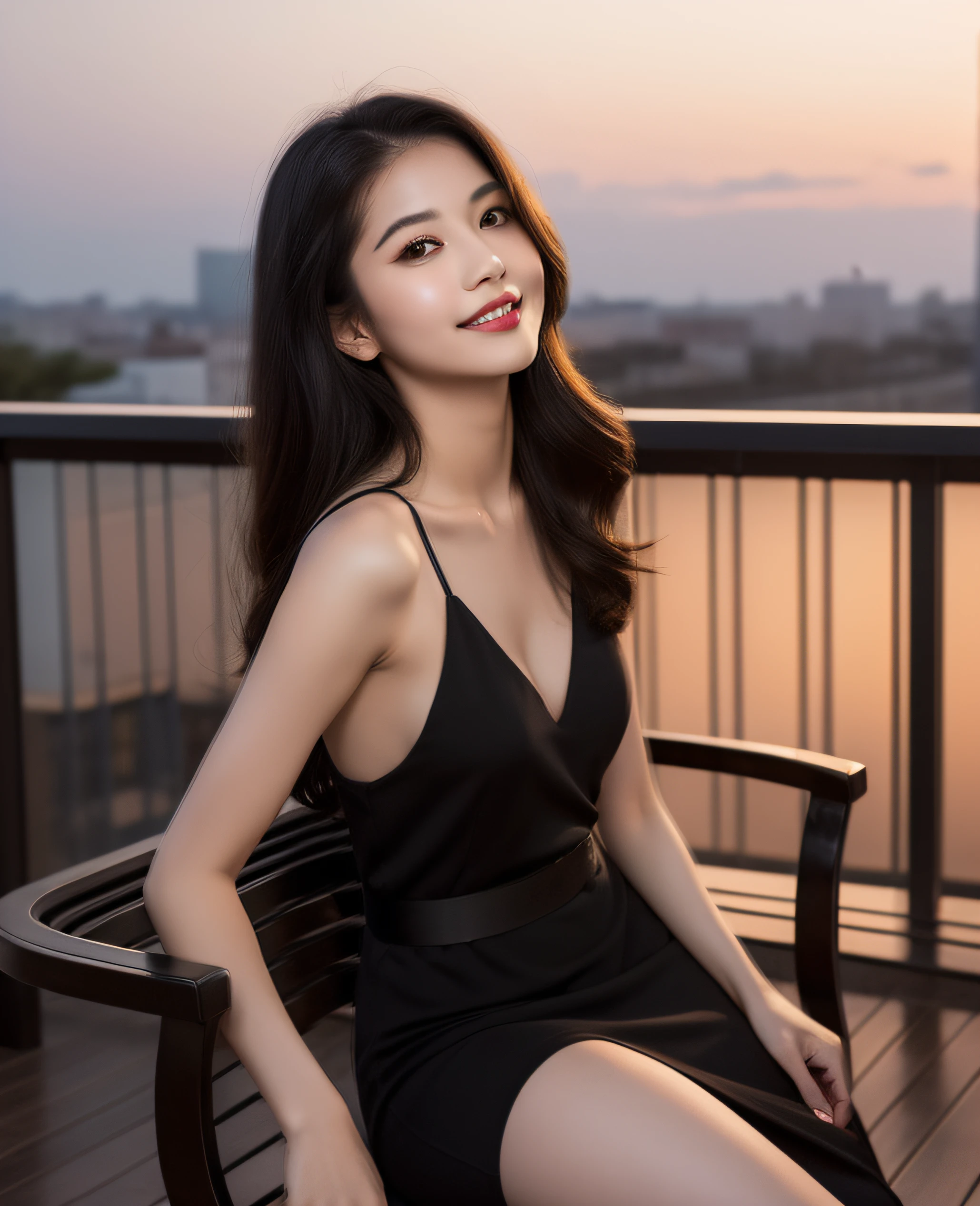 Sunset, ((highest resolution, 8K, masterpiece 1.3)), beautiful girl, pure, melon face, gentle and cute, sweet smile, pure desire, slender body, ((facing the camera)), (tilting her head) ), back, chic black adult dress, long smooth black straight hair, long flowing shoulders, round black big eyes, clear big eyes, moist red lips, sweet, sitting on a chair, night view terrace background, ((waist shot)),