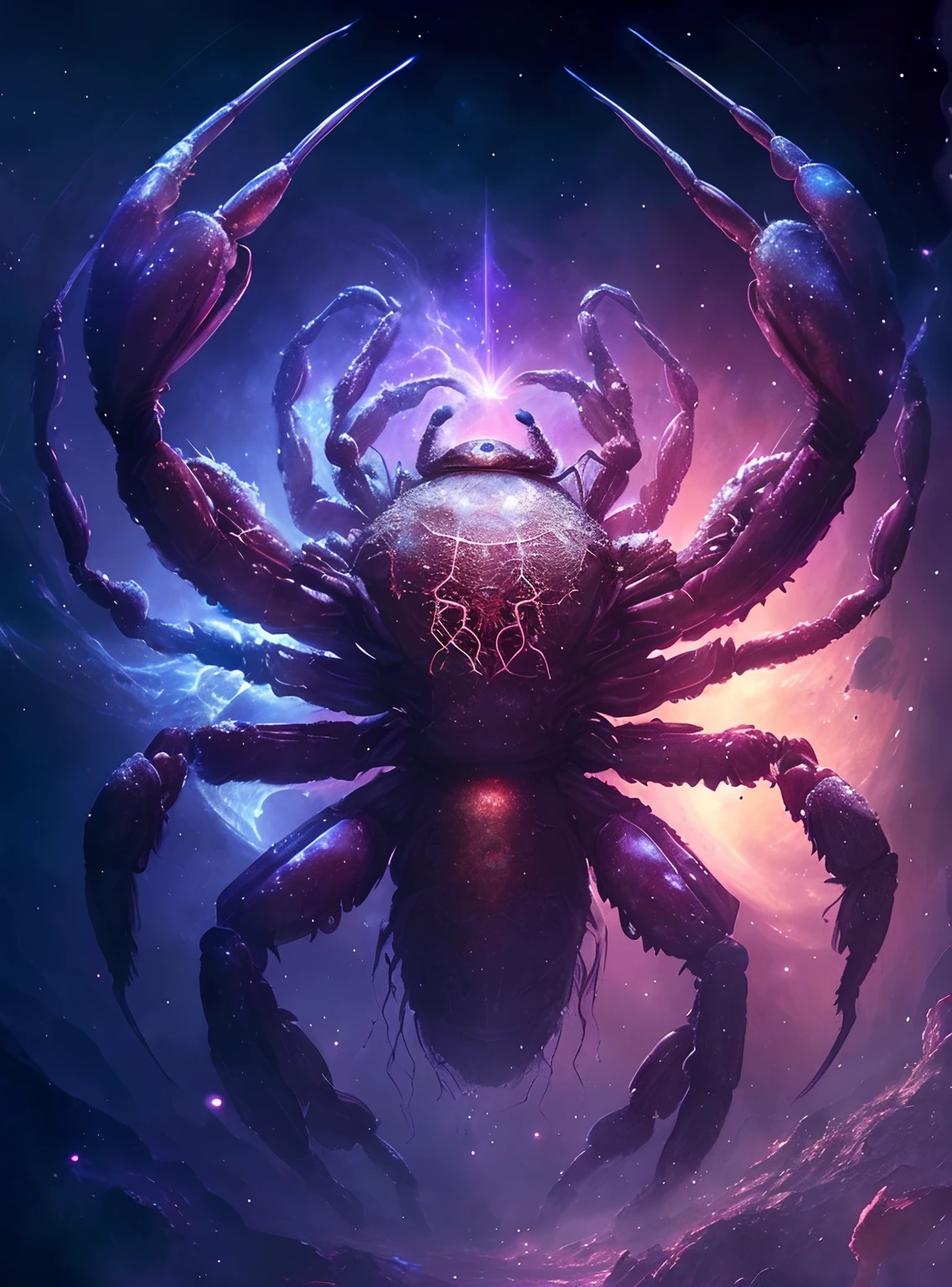 There is a large spider in the middle of the space, amazing space creature 4 k, epic fantasy sci fi illustration, cosmic horror concept art, crabs,Cancer,Cancer in space