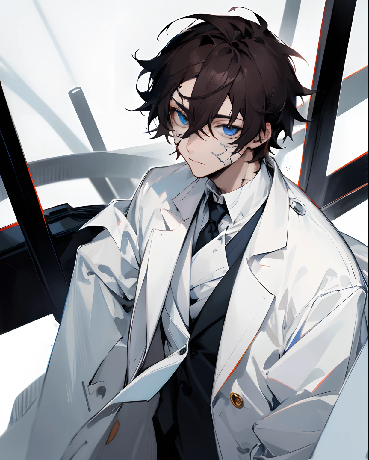 A young doctor man in a white coat, detailed eyes, anime, has old scars on his face, dark hair