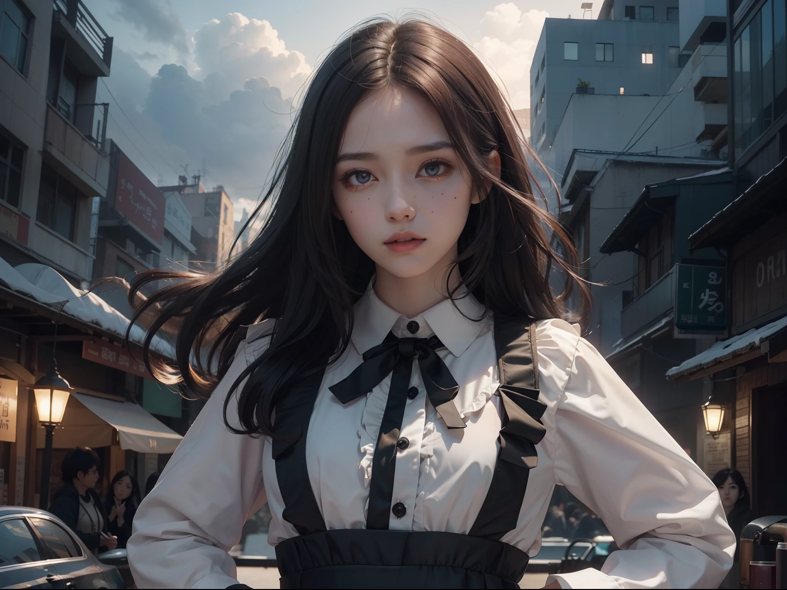 (Hyper-realistic), (Illustration), (High resolution), (8K), (Extremely detailed), (Best Illustration), Yol ( chain saw man ), (Beautiful detailed eyes), (Best Quality), (Ultra-detailed), (masutepiece), (Wallpaper), (Detailed face), Solo, Upper body, Focus on Face, 1 girl, Long Black Hair, Korean, Thin eyeshadow, A detailed eye, Brown eyes, Small moles under the eyes, Long sleeve shirt, Neckbow, Small breasts, pinafore dress, Dynamic Pose, low illuminance, Night, Dark, Clouds, a dark night