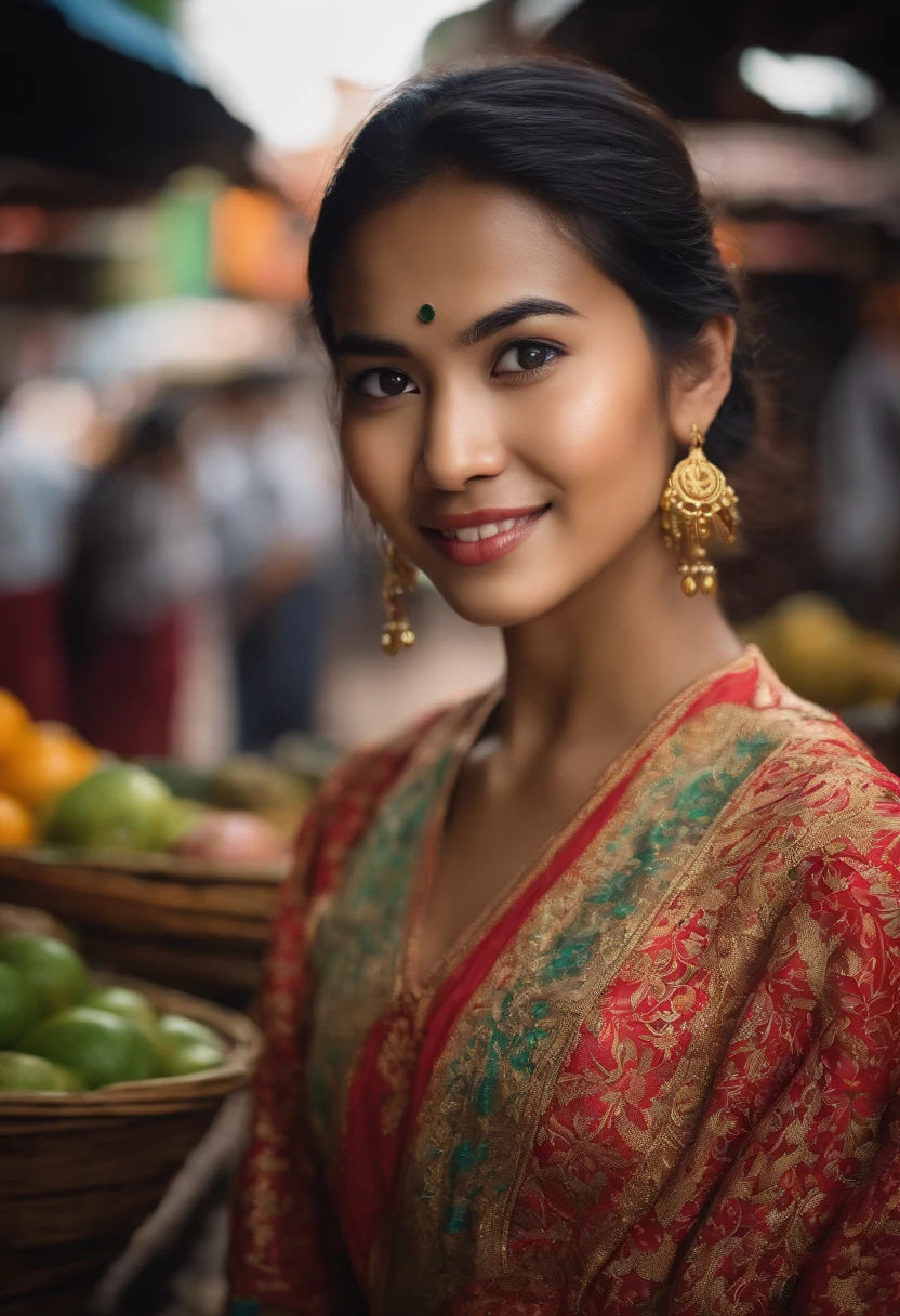 “Create a portrait of a young woman in her early 20s, wearing traditional Southeast Asian attire, set against the backdrop of a bustling local market. Her eyes are filled with a mix of determination and excitement, capturing her entrepreneurial spirit.”