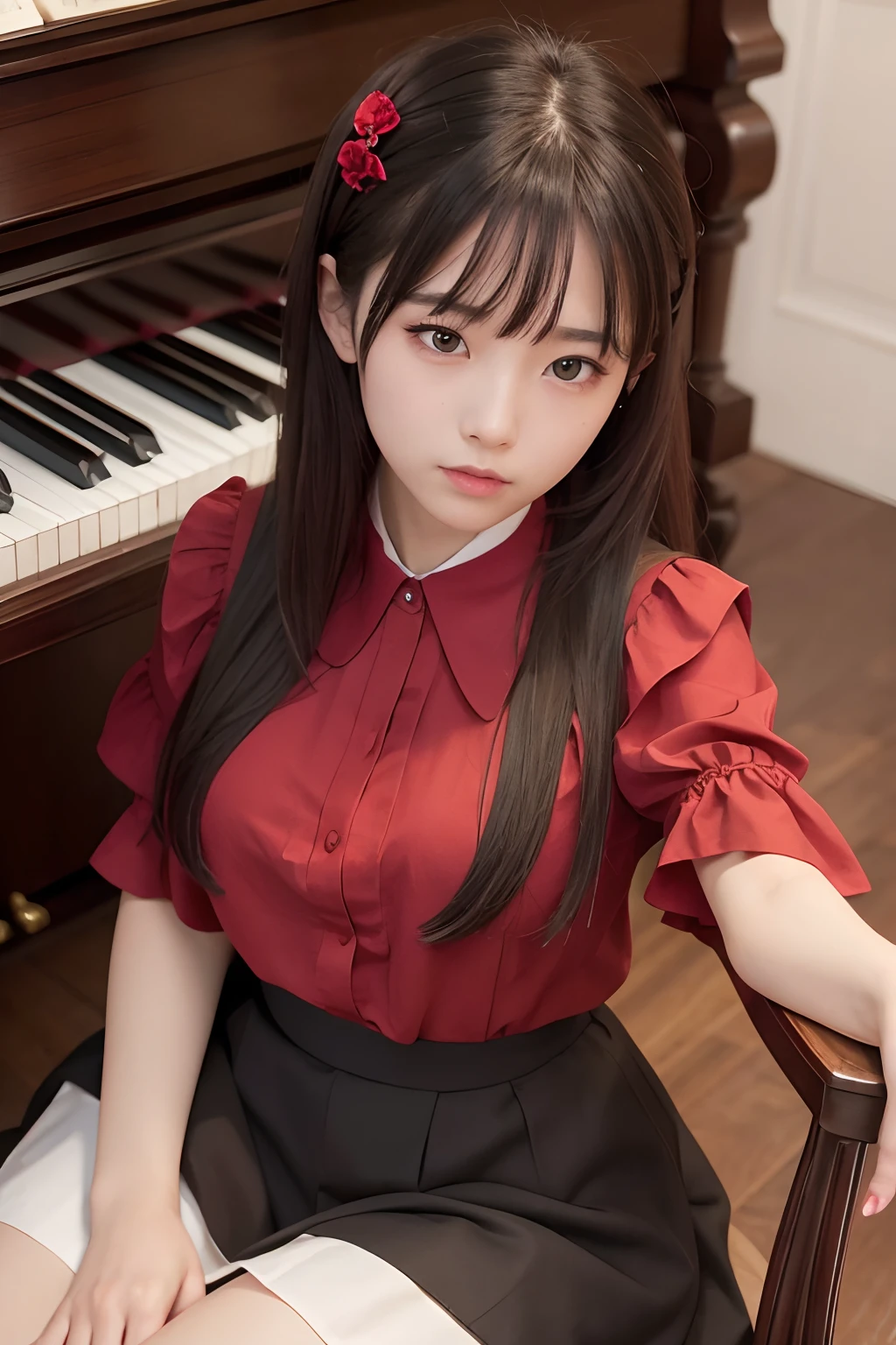 masterpiece, best quality, extremely detailed, perfect face, a girl, (a slave red collar:1.1), very beautiful face, model, shyly eyes, blouse, flared skirt, sitting on the chair, in front of the piano, ,