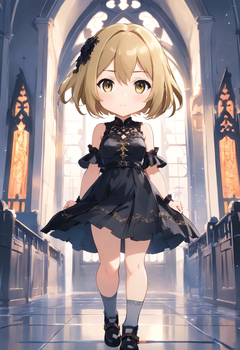 ((Chibi、Mini、Blunt bangs、Ash Gold Hair、a short bob、discreet breasts、Intricate Gothic décor、Black and white gothic dress)):1.5、full body Esbian、Concept sheet、masuter piece、超A high resolution、Looking at the camera、Angle from above、jumpping、dash、acrobatic pose、White background