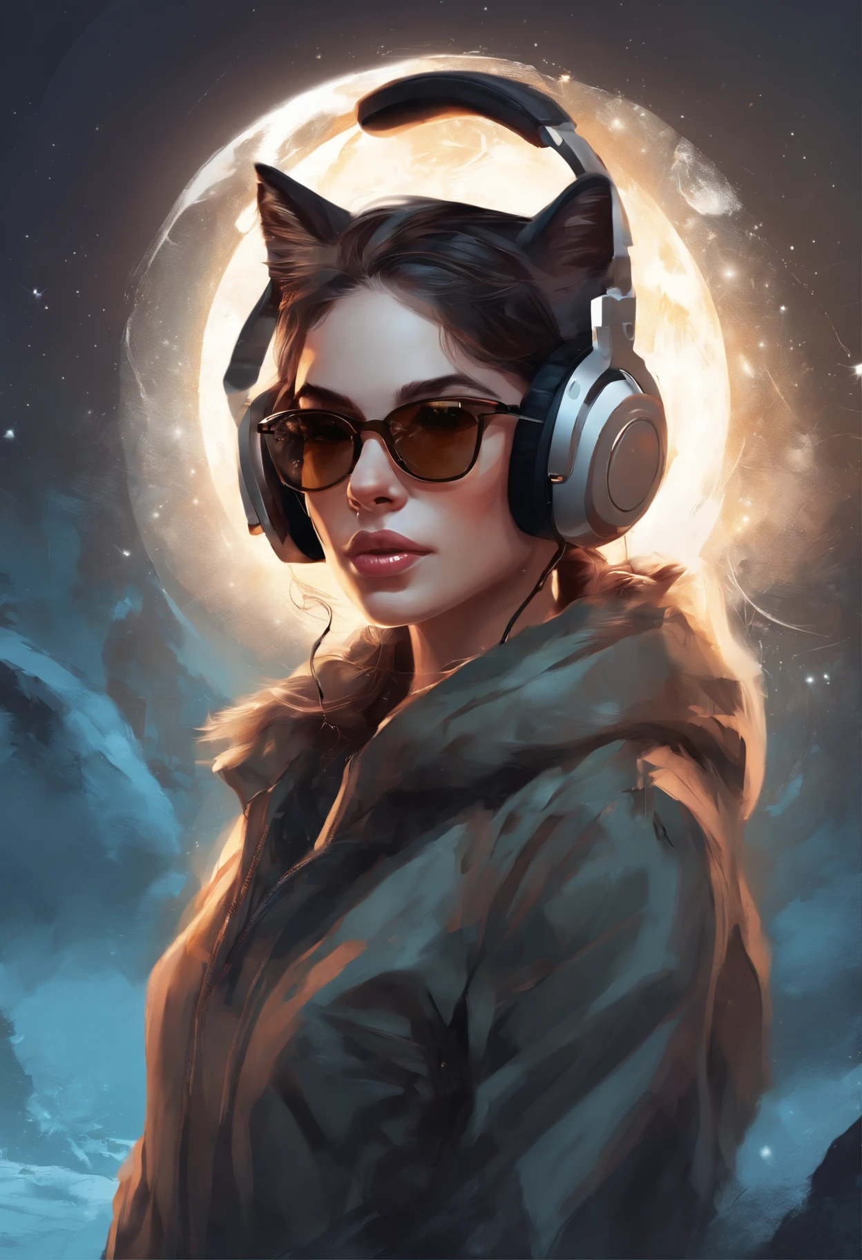 Perfect centering, A cute kitten all over, Wear a student jacket, Wearing sunglasses, Wearing headphones, Standing position, Abstract beauty, Centered, Looking at the camera, Facing the camera, nearing perfection, Dynamic, Moonlight, Highly detailed, Digital painting, art stations, concept-art, smooth, Sharp focus, 8K, high definition resolution, illustration, Art by Carne Griffiths and Wadim Kashin, White background