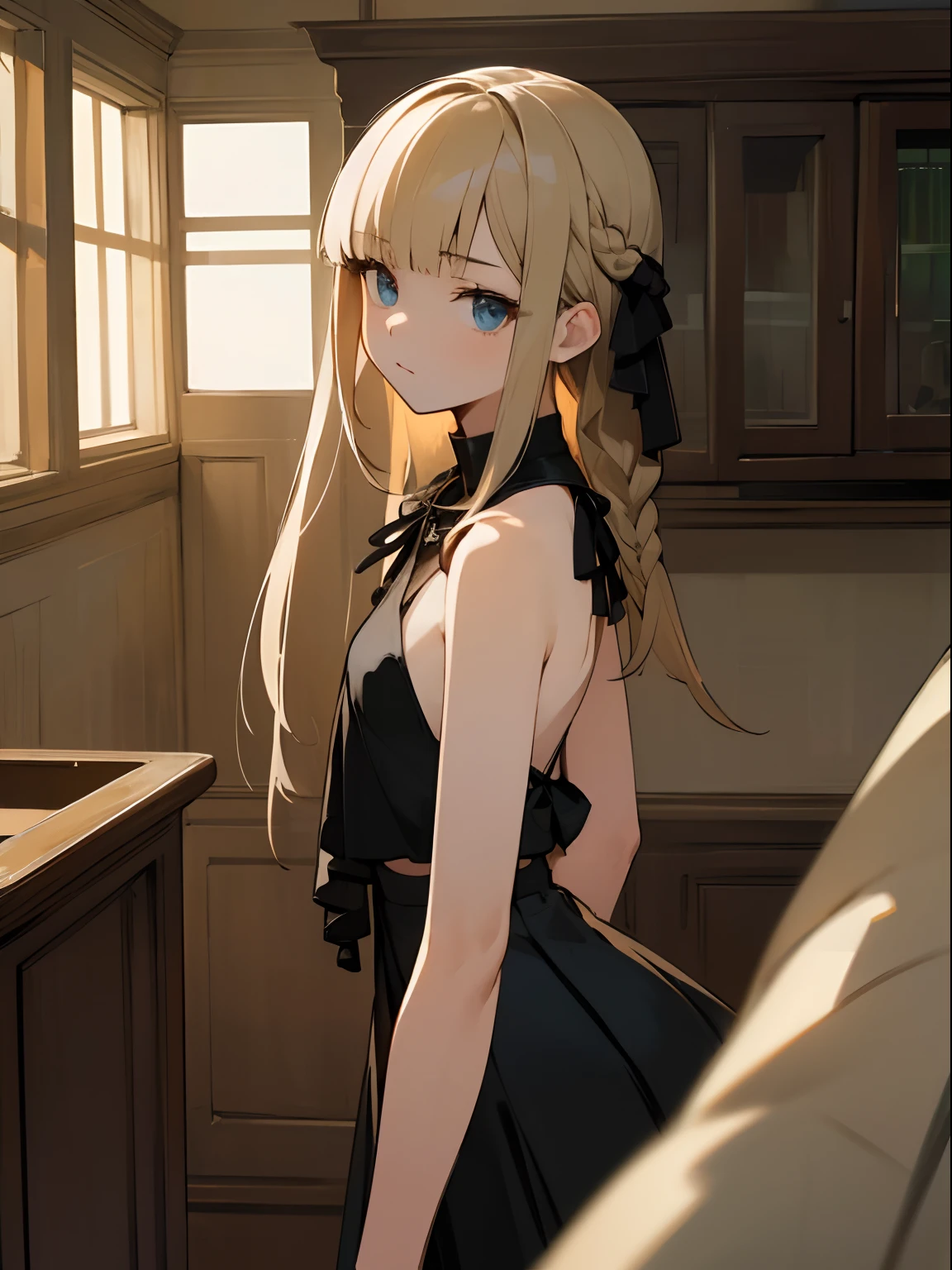 Reines, 1girl, high quality, best quality, illustration, masterpiece, (highly detailed:1.2), (extremely detailed:1.3), black halter neck shirt, sleeveless shirt, backless, young girl, string ribbon, mini skirt, braid, petite, , in a house