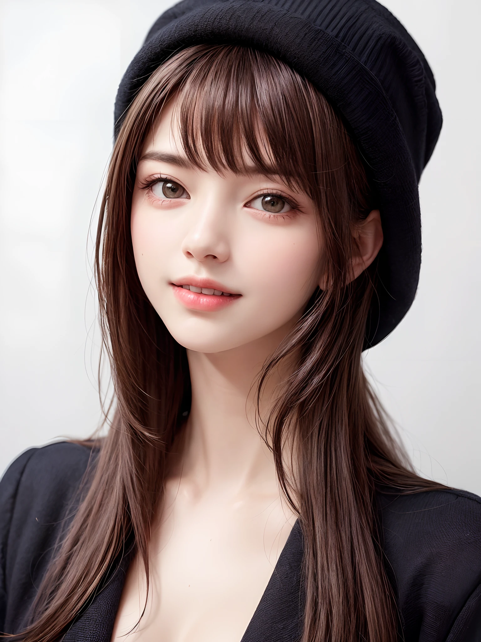 (​masterpiece, top-quality、Very attractive adult beauty、Add intense highlights to the eyes、Look firmly at the camera),1girl in, 独奏, A dark-haired, scarf, Hats,, realisitic, looking at the viewers, black eyes of light color, shorth hair, coat, Winter clothes, White headscarf, s lips, lipgloss，bangss, The upper part of the body、big eye、Lashes)、((Road system in Italy))、((Shorthair with bangs、big eye、Put very strong highlights in your students、very Bigger breasts、gazing at viewer、Very beautiful beauty、Put your ears out、long neck、little smiling、Beautiful teeth、Open your mouth and smile))、28 year old、Very cute supermodel