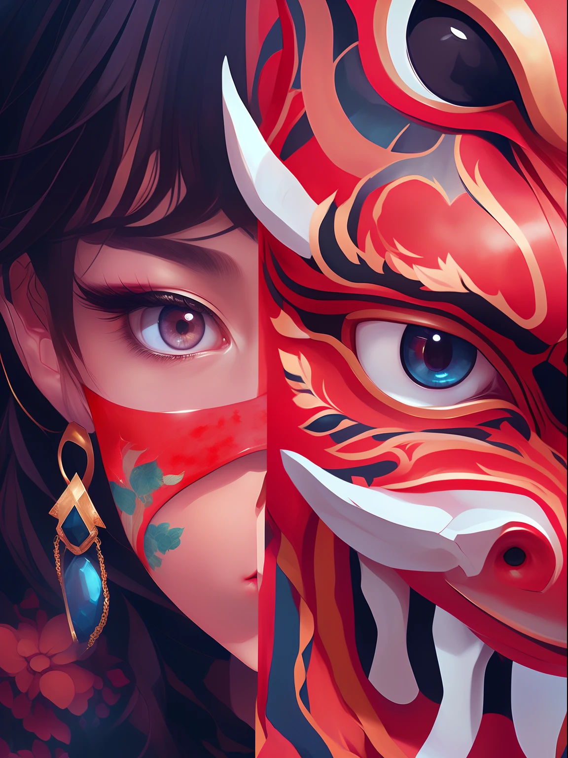 "(best quality,4k,8k,highres,masterpiece:1.2),ultra-detailed,(realistic,photorealistic,photo-realistic:1.37),detailed digital,anime,beautiful digital art,female character,(red mask,red dragon mask),(Artgerm,Atey Ghailan:1.1),stunning digital illustration,beautiful artwork,JC Leyendecker,Sachin Teng,exquisite digital illustration,beautiful digital artwork,anime art,inspired by Cheng Yanjun,portrait of a dragon lady,gorgeous digital painting"