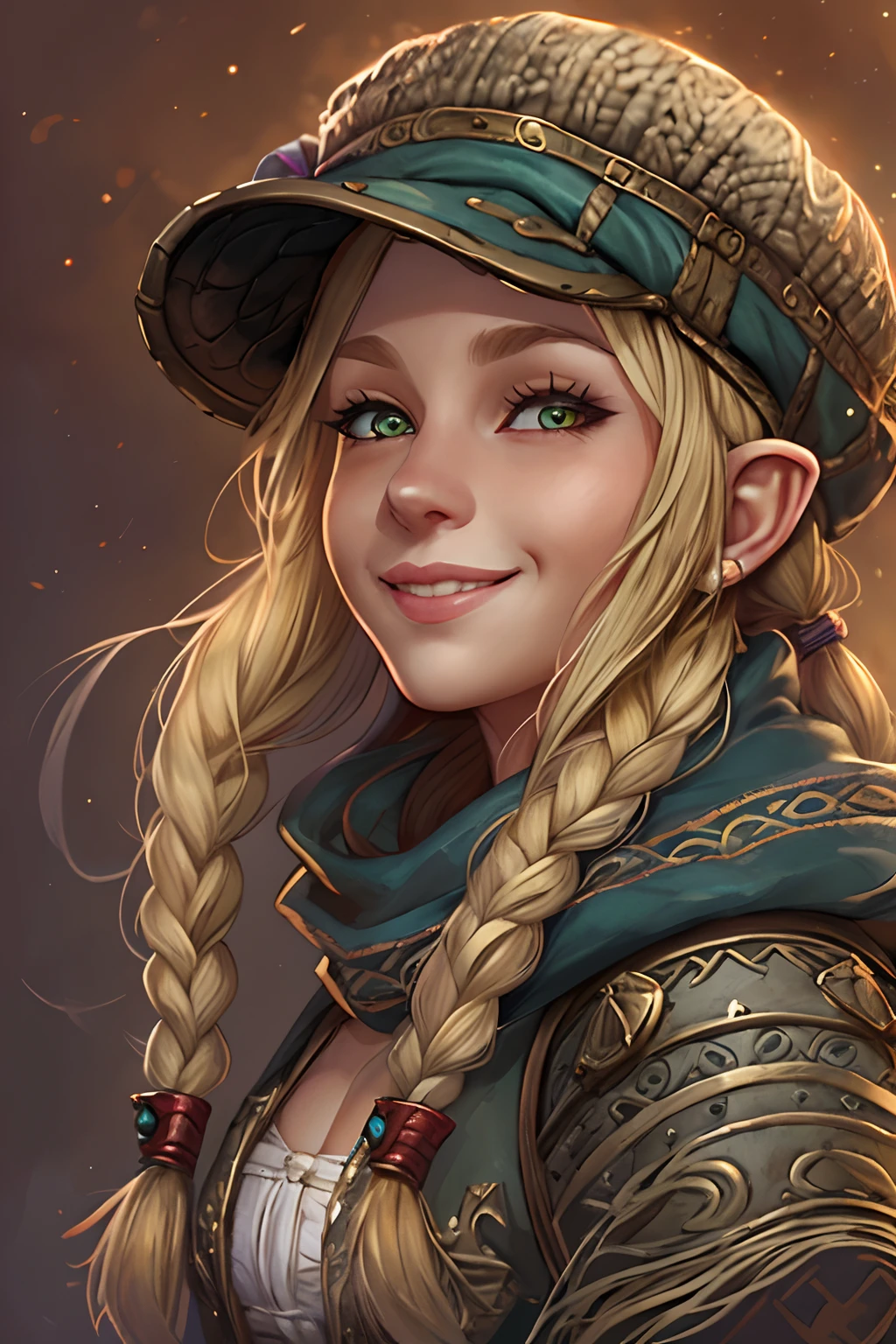 (portrait, grimdark fantasy, warhammer universe), halfling woman, blond hair, braids, (women flat cap), big lips, smile, happy facial expression:1.2, scarf around the neck