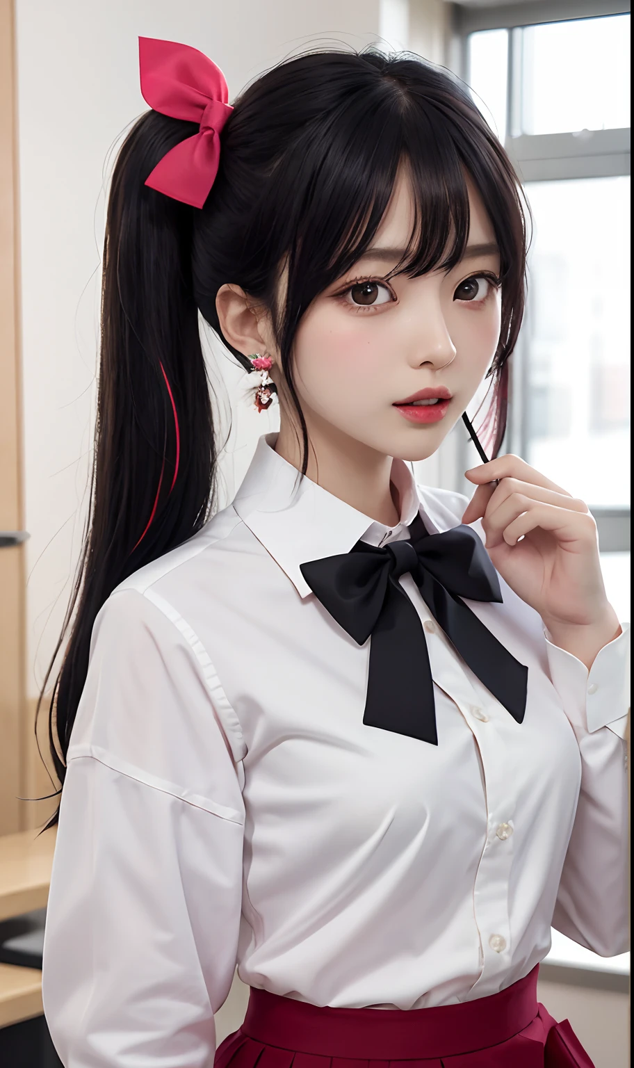 mihari, onimai, (masterpiece, best quality),a girl, solo, twintails, shirt, skirt, petals, bowtie, earrings, jewelry, bangs, black hair, hair ornament, hair ribbon, red ribbon, red eyes, long hair, open mouth, white shirt, multicolored hair, black skirt, red hair, long sleeves, pink bowtie, hair between eyes, looking at viewer, collared shirt, upper body, hand up, falling petals, depth of field, strong bloom, indoors