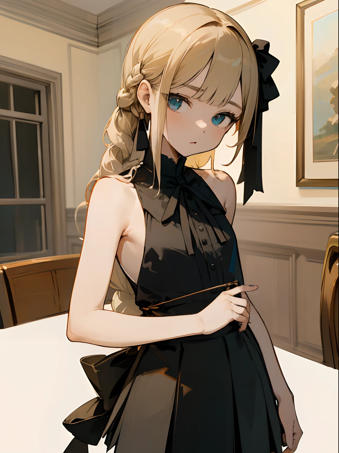 Reines, 1girl, high quality, best quality, illustration, masterpiece, (highly detailed:1.2), (extremely detailed:1.3), bare shoulders, sleeveless, young girl, string ribbon, short skirt, braid, petite, , in a house
