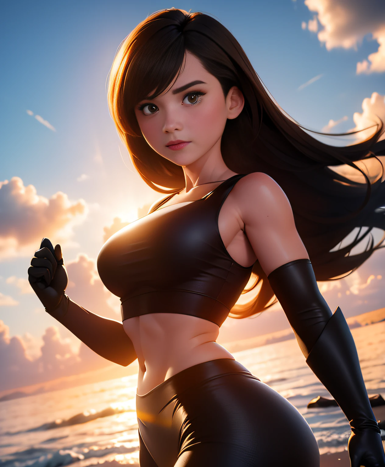 (obra-prima), (melhor qualidade), 8K分辨率, ultra-detalhado, hiper-detalhado, realista, fotografia, fotorrealismo, (1girl), Tifa, final fantasy, Tifa Lockhart, luz do sol, cinemactic, pose legal, cabelo loiro, copo D, corpo perfeito