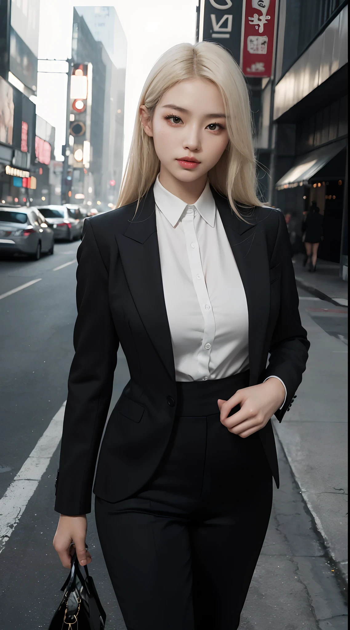 8K, RAW photos, Best quality, Masterpiece: 1.2),(best qualtiy，8K, Yes，32K，masterpiece，hyper HD：1.2) , 20 years old, blonde woman in black suit and white shirt, perfect white haired girl, sexy look, in cyberpunk city, very sexy outfit, beautiful woman model, sexy style, sexy outfit, formal suit, cleveage breast, perfect boobs, asian girl, flawless face, beautifull, fancy outfit, georgeous makeup