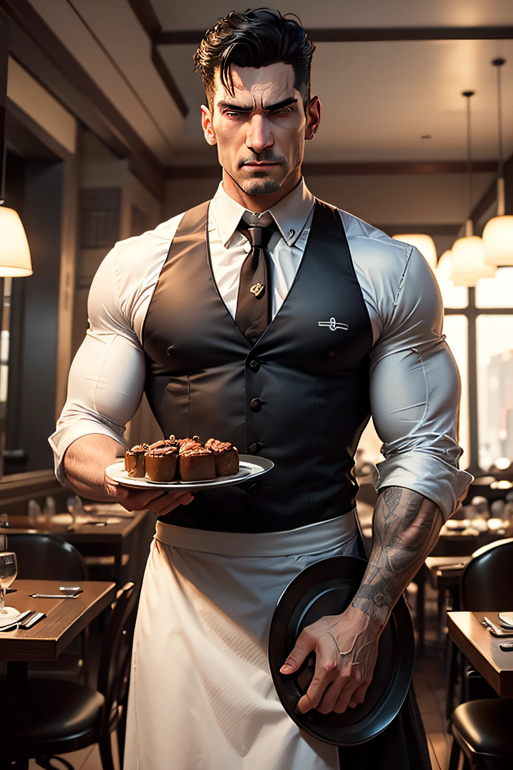 "Generate a unique and amusing depiction of The Punisher transformed into a dinner waiter. Visualize The Punisher dressed in a classic waiter's uniform, complete with a white shirt, bowtie, and a black apron. He should maintain his trademark intense and serious demeanor, while also embodying the role of a dedicated waiter. Place him in an upscale restaurant setting, holding a tray with a covered dish and a bottle of wine. The juxtaposition of his vigilante nature and his new occupation as a waiter should add a touch of humor and intrigue to the scene. The resulting image should capture the essence of The Punisher's character in this unexpected context."