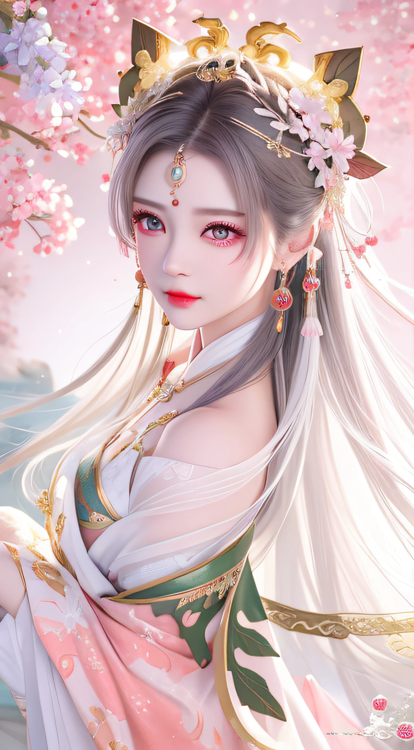 Master masterpieces，perfect works，8K分辨率，Dragon，gem-like eyes，Danfeng Eyes，long eyelasher，Redlip，Melon seed face，Beautiful pupils，Lilac eyeshadow，long eyelasher，Gemstone earrings，Crystal necklace，largeeyes，exquisite collarbone，Rejuvenate skin，Extreme facial detailing，Beautiful facial features，Perfect look，heroic look，Red and white short-sleeved Hanfu，Half view，ultra fine detailed，Cinematic lighting realism，hyper HD，