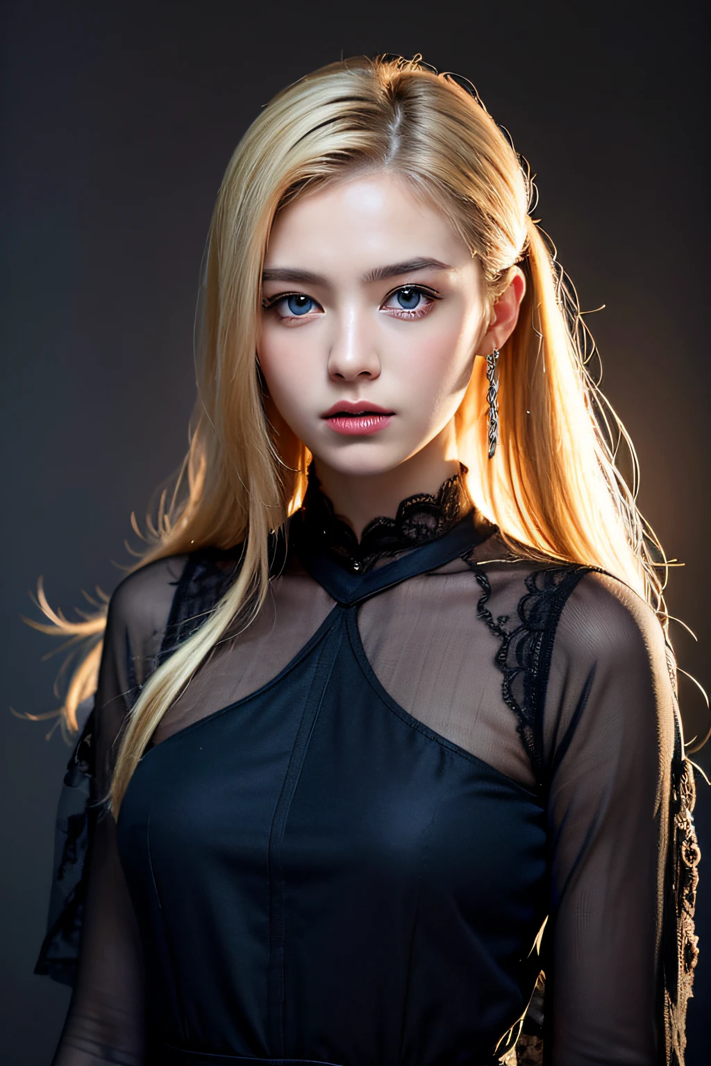 top-quality、masterpiece、超A high resolution、(Photorealsitic)、Raw photo、1girl in、blonde hair、blue eyess、Eyes and faces with detailed、Black Dress、动态照明、murky、deep-shadows、Unobtrusive、Cowboy Shot Full Length Body、masterpiece, top-quality, hightquality, hight resolution、poneyTail