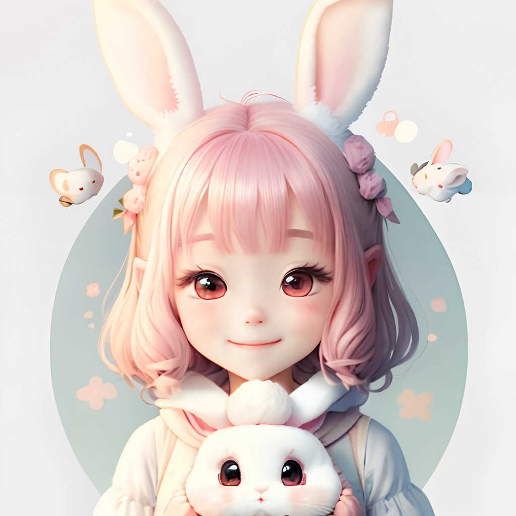 Background white、tchibi、Two-headed body、kawaii、a smile、Long-eared chibigorori rabbit、pink clothing、
