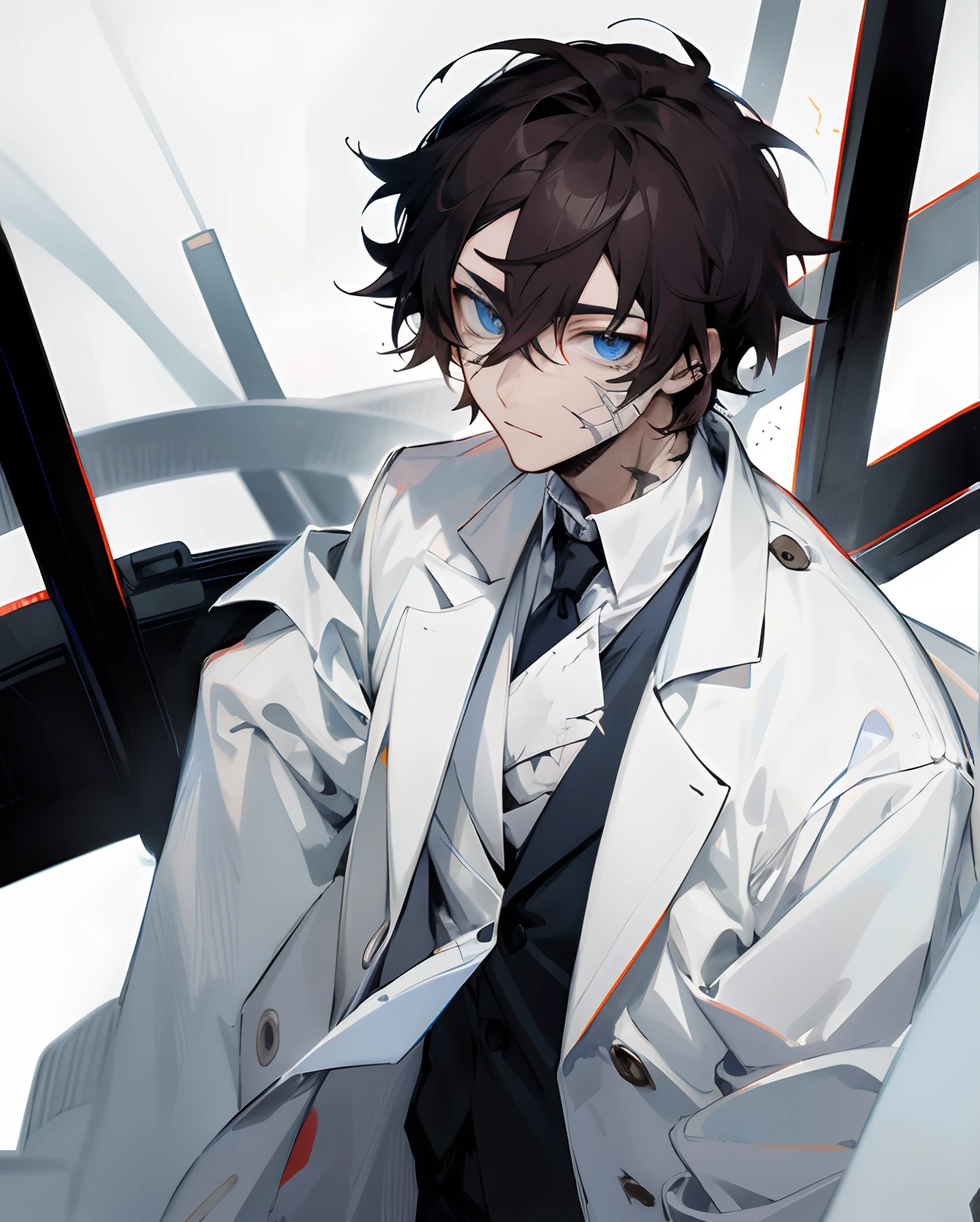 A young doctor man in a white coat, detailed eyes, anime, has old scars on his face, dark hair, dark scars
