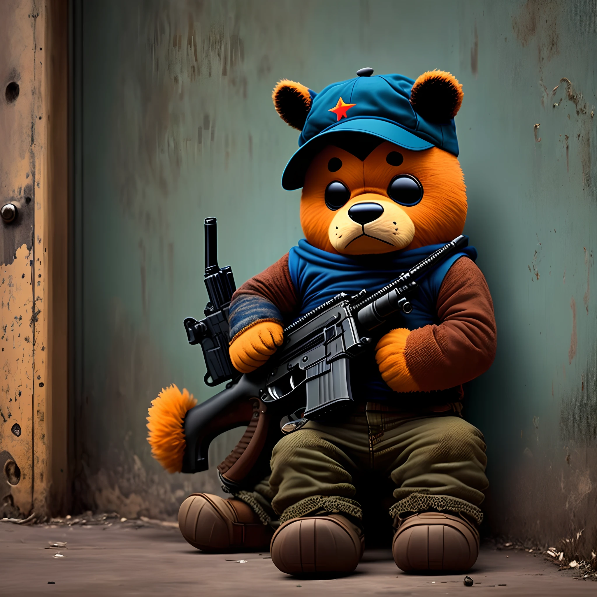 Oso ultra realista con una ak-47 y una gorra