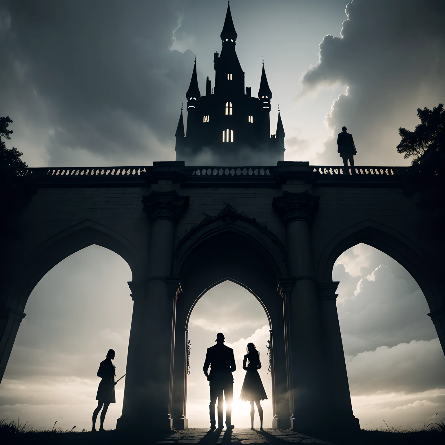Four band members standing in silhouette at the gates to an epic castle in the clouds with a dark horror theme. In the mist the band's name "vicarious dreams"