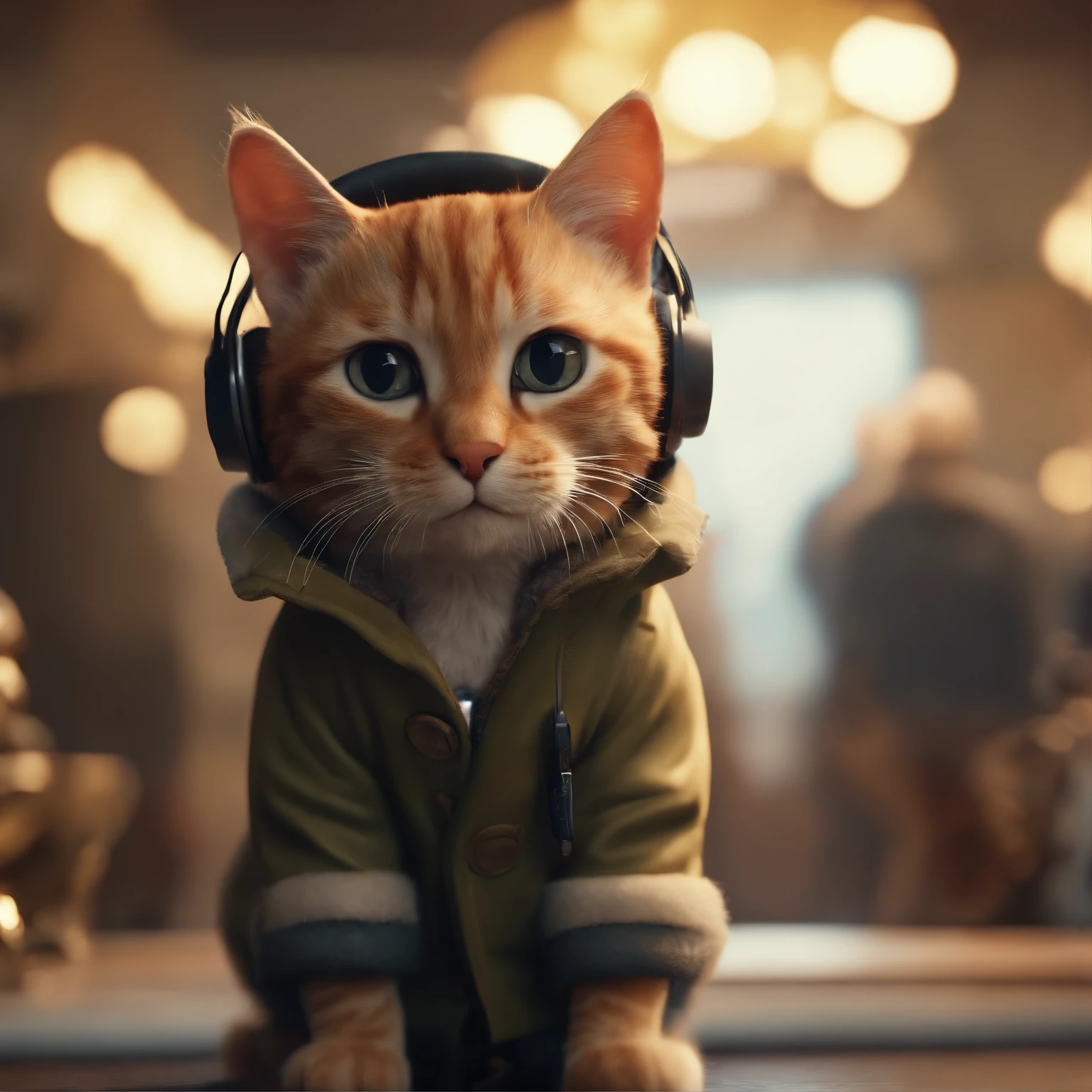 ((Best quality, 8K, Masterpiece: 1.4)),((Amazing detail: 1.3)),((illustration, Hairstyle Casual: 1.2)),((high resolution: 1.1)), A cute cat standing, headset on head, Tactical coat, Fashionab, Soft light, Colorful, Depth of field, Cinematic lighting, From below, Anatomically correct, Amazing art of painting, No Man