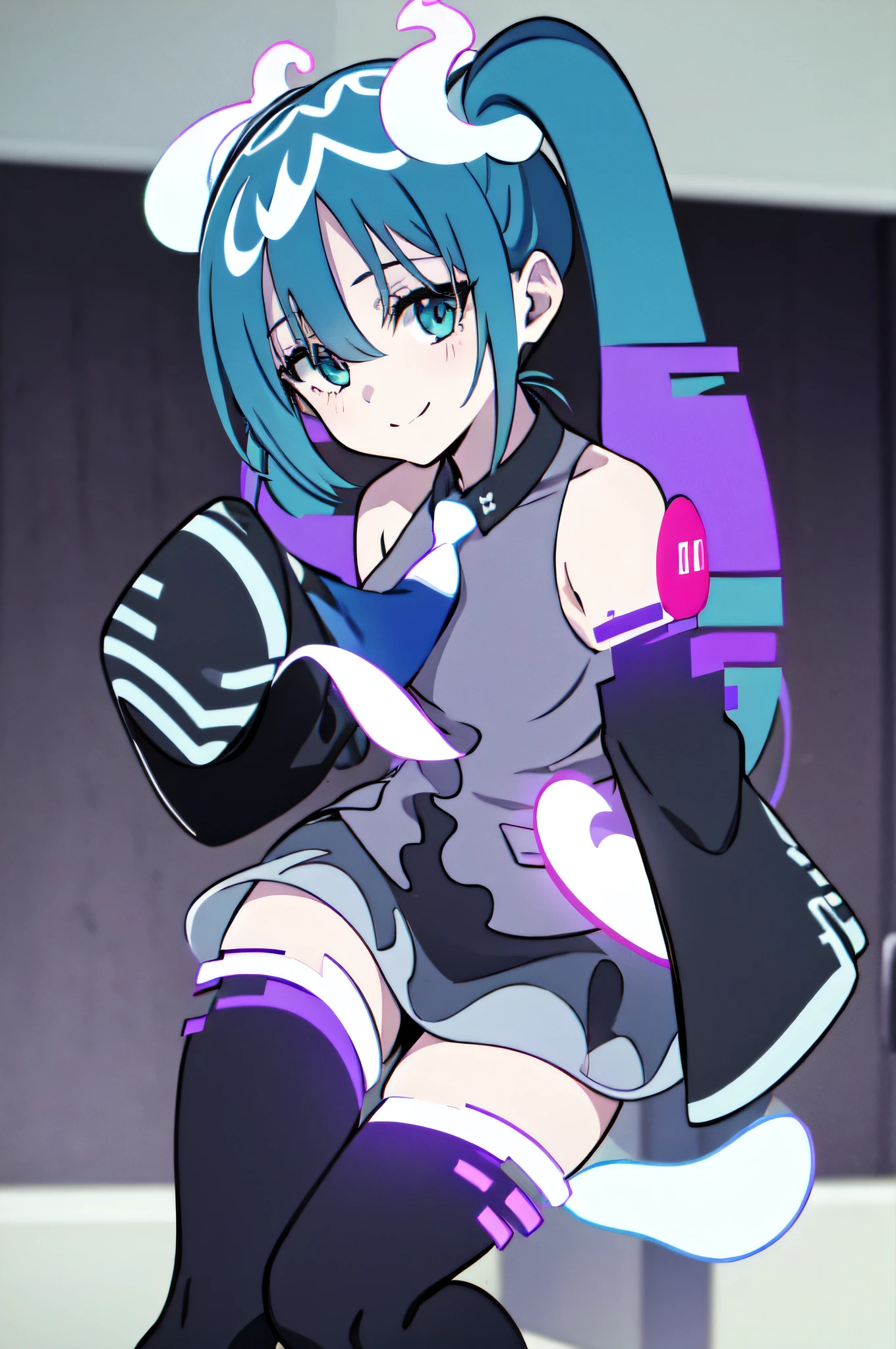 GHOSTMIKU13, grey dress, grey skirt, sleeveless, long sleeves, thighhighs, necktie, see-through skirt, black boots, hairclip, 1girl, solo, facing viewer, looking at viewer, smile.
