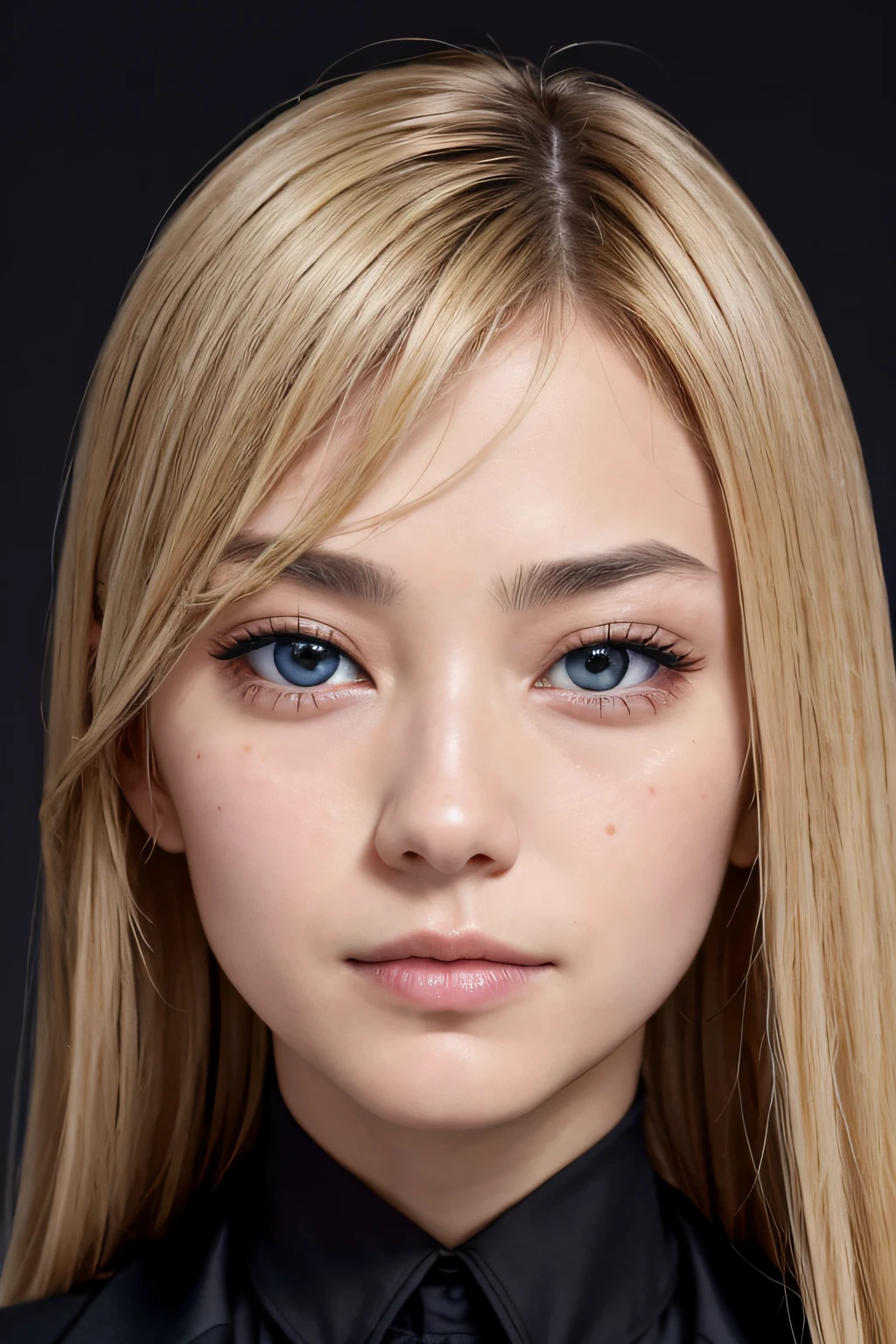 Portrait of a European girl、独奏、20yr old、beautiful countenance、Usserbody、Hair above one eye、medium sidecut、blonde hair、foco nítido、Black business suit、masterpiece, top-quality, hightquality, hight resolution、((facial close-up))、Black theme、