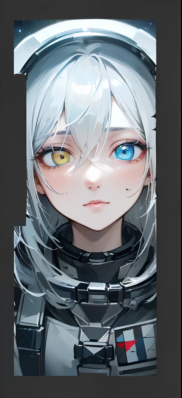 (A better quality masterpiece in close-ups:1.5)0.9], (Space and astronauts:1.2) (Messy silver hair:1.1) (Yellow eyes，Heterochromia and blue eyes:1.2) (Space helmet:1.0) (Colored stars in the eyes:1.0) (radiant light:1.1) (large lips:0.9)