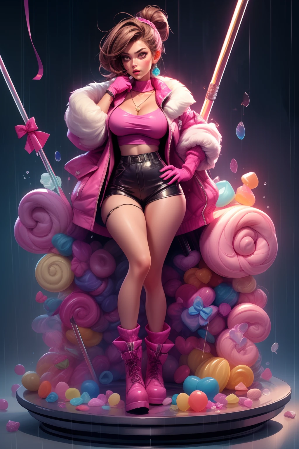 A beautiful alluring candy hybrid african female, covered in gooey sticky candy, curly afro pink cotton candy hair, dark skin, inside a gooey candy filled river at fantasy candy castle room, stripping on a dance pole, dance pole is made of striped candy, wearing clothes made of candy, fantasy Theme, candy Theme, Fiverr Dnd Character, Octane Render, Digital Art, Extreme Detail, 4k, Ultra Hd, Polished, Beautiful, Hyperdetailed, Intricate, Elaborate, Meticulous, Photorealistic, Sharp Focus, Wlop, Character Design, Unreal Engine, 3d Rendered, Volumetric Lighting, Reflections, Glossy, Digital Illustration, Pose, Suggestive Pose, Lewd, Full Body Shot, anatomically correct, extremely small breasts 💖❤💕💋❣
